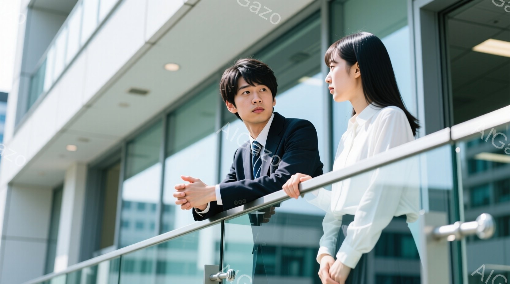 スーツを着た若い男性と白いブラウスの若い女性が、ビルのバルコニーの手すりに寄りかかっている。男性は片手を上げて何かを説明しているようなジェスチャーをしており、女性は彼を見上げている。背景には近代的な建 - AI生成フリー素材