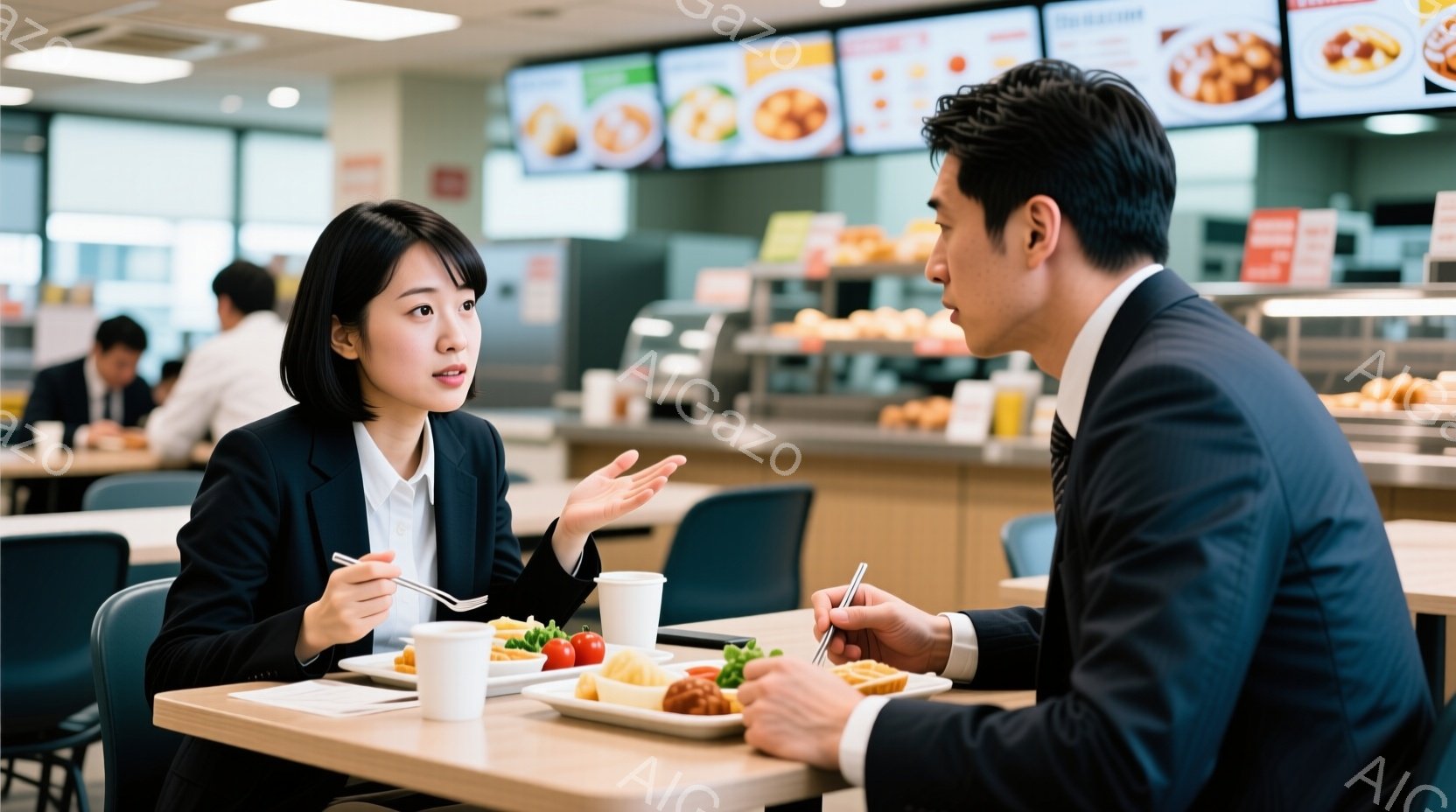 廊下で対立しているような若いビジネスマンとビジネスウーマンが写っている。女性は黒いスーツを着て、髪を後ろにまとめており、驚いたような表情で両手を広げている。男性は黒いスーツにネクタイをし、少し体を向き - AI生成フリー素材