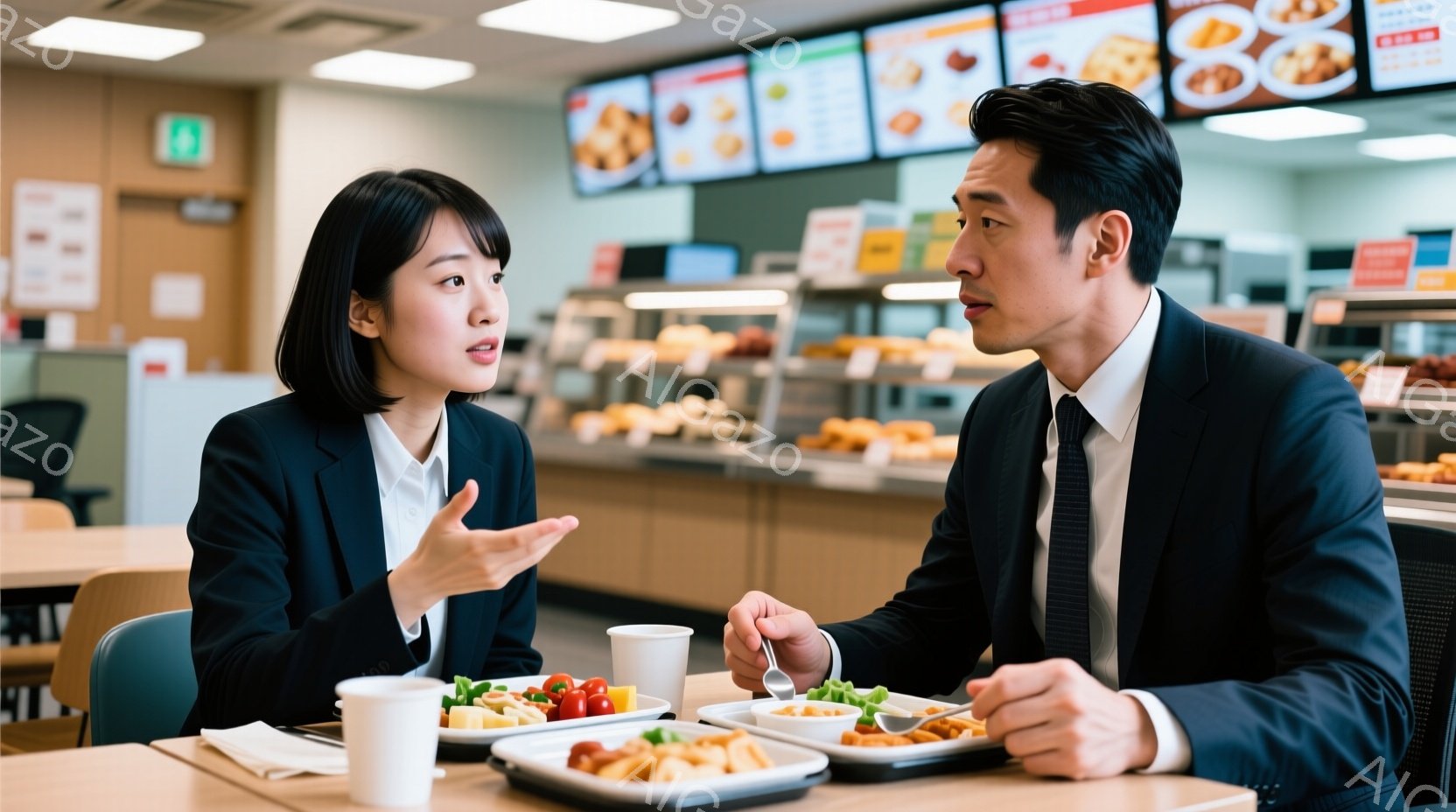 スーツ姿の男女が、食事をしながら向かい合って話しています。女性は黒いショートヘアで、身振り手振りを使って熱心に話しており、男性はネクタイを締め、フォークで食事をしながら女性の言葉に耳を傾けています。背景には、様々な種類の食べ物の写真が飾られたカウンターと、食事をするためのテーブルが並んでいます。