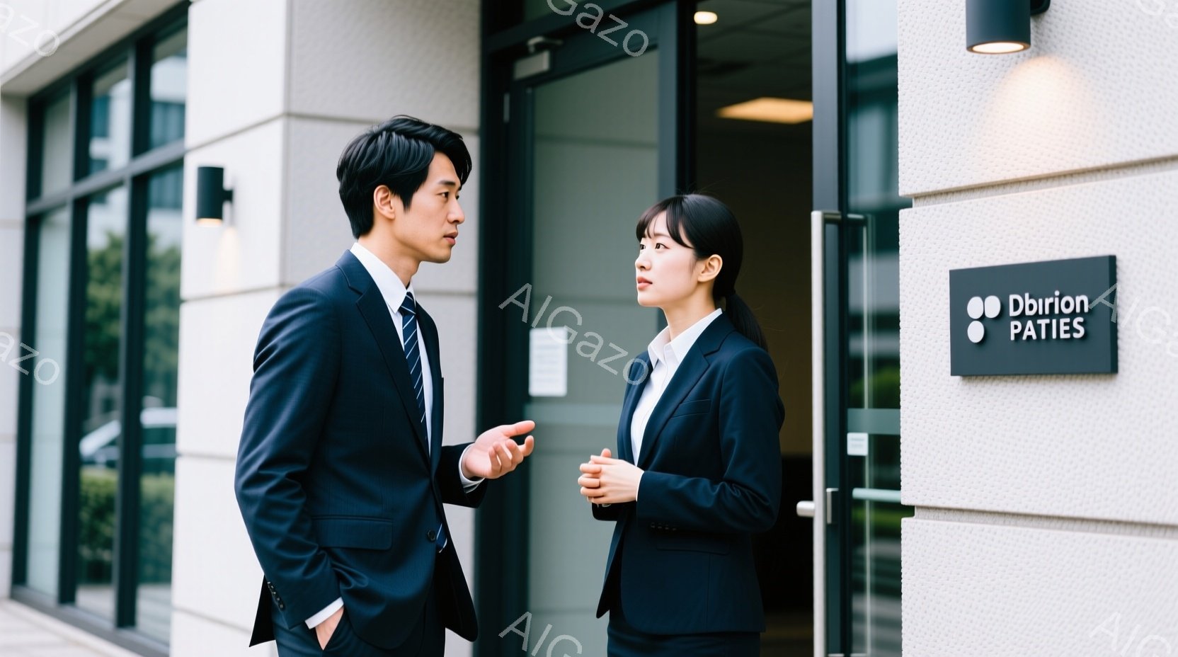 紺色のスーツを着た男性と女性が、白い壁の前で会話をしています。男性は片手を出しながら何かを説明している様子で、女性は腕を組み、真剣な表情で聞き入れています。背景には、ガラス張りの入り口と自然光が差し込むシンプルな建物があり、晴れた日のビジネスシーンを彷彿とさせます。