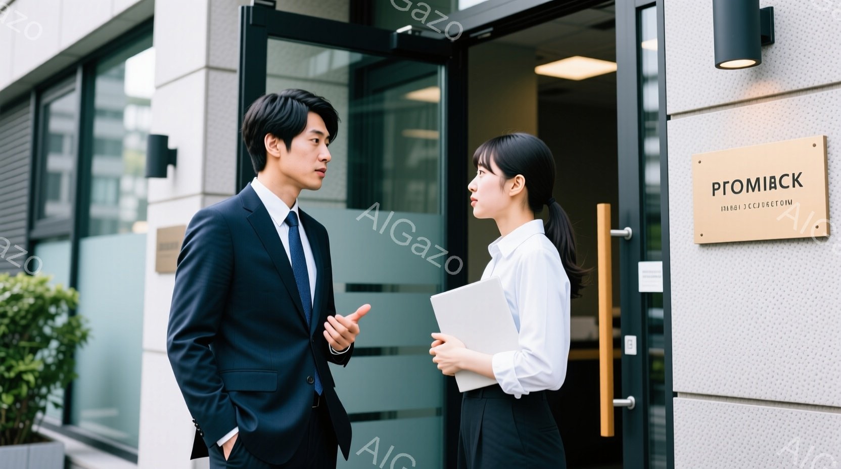 ビジネスマンと女性がガラス張りの建物の入り口の前で会話しています。男性は濃い紺色のスーツにネクタイを締め、片手を広げて何かを説明しているようです。女性は白いブラウスに黒いスカートを着用し、書類を抱え、 - AI生成フリー素材