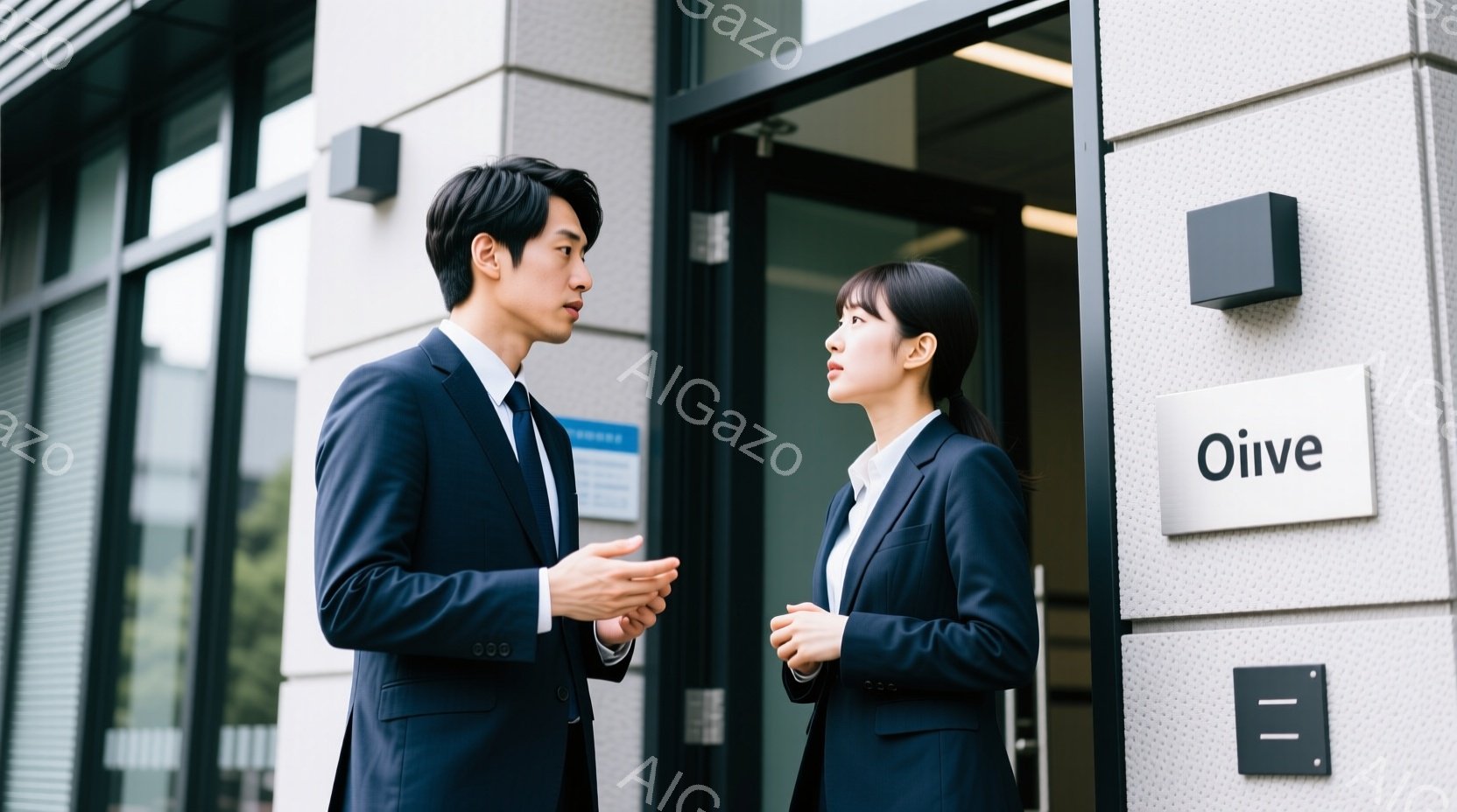 ビジネススーツを着た男女が、建物の入り口前で向かい合って話しています。男性は片手を前に出し、何かを説明しているようなジェスチャーをしています。女性は少し上目線で男性を見つめ、真剣な表情を浮かべています - AI生成フリー素材