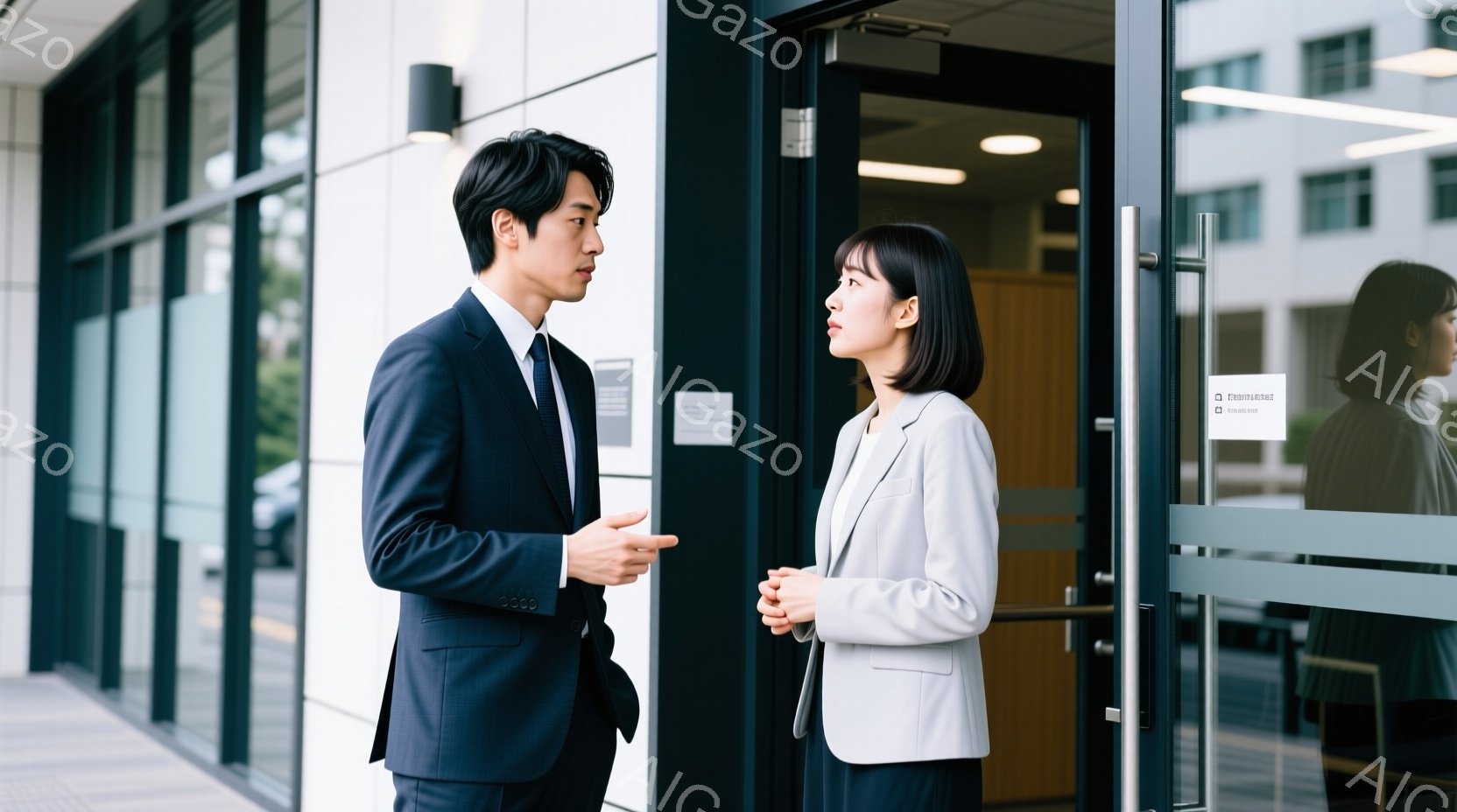 ビジネススーツを着た若い男女が、ガラス張りの入り口の前で会話しています。男性は濃い紺色のスーツで、身振り手振りを交えながら何かを説明しているようです。女性はグレーのスーツで、両手を組んで静かに男性の話 - AI生成フリー素材