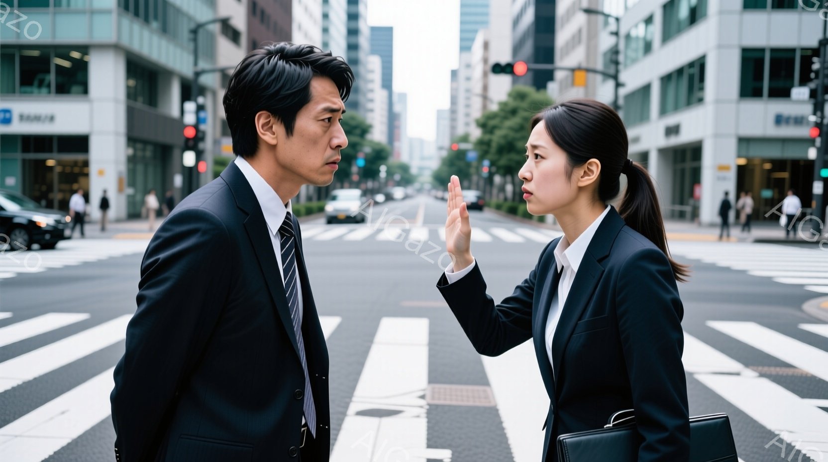 スーツを着た男性と女性が横断歩道上で向かい合っており、女性は手を上げて男性に何かを制止している様子が伺えます。男性は少し眉間にしわを寄せ、真剣な表情で女性を見つめています。背景には高層ビルが立ち並び、晴天の下、都会の喧騒を感じさせる光景です。
