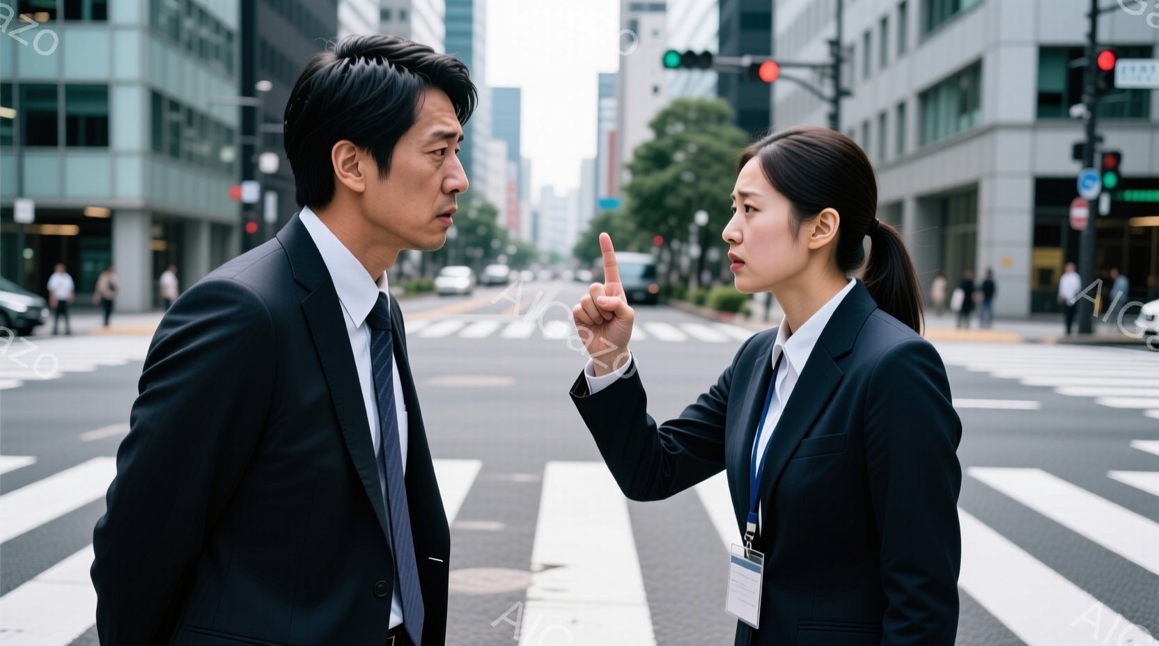 二人のビジネスパーソンが横断歩道で向き合って立っている。男性は黒いスーツに白いシャツ姿で、険しい表情で相手を見つめている。女性は同じく黒いスーツに、髪を後ろで束ねており、指を立てて何かを強く主張している様子で、背景には高層ビル群が立ち並び、やや曇り空の下、都会の喧騒が感じられる。