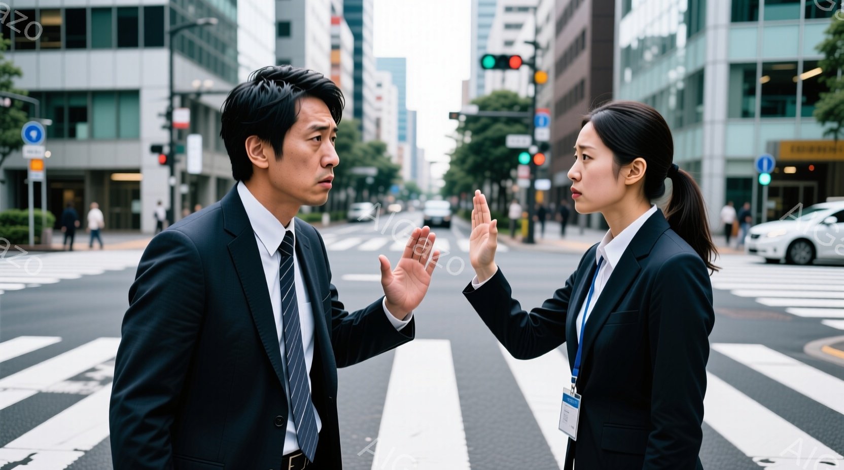 道路の中央に、スーツを着た男女が立っている。男性は黒いスーツにネクタイで、驚いた表情で片手を広げている。女性は黒いジャケットに白いシャツ、ポニーテールで、片手を上げて男性を制止しているように見える。