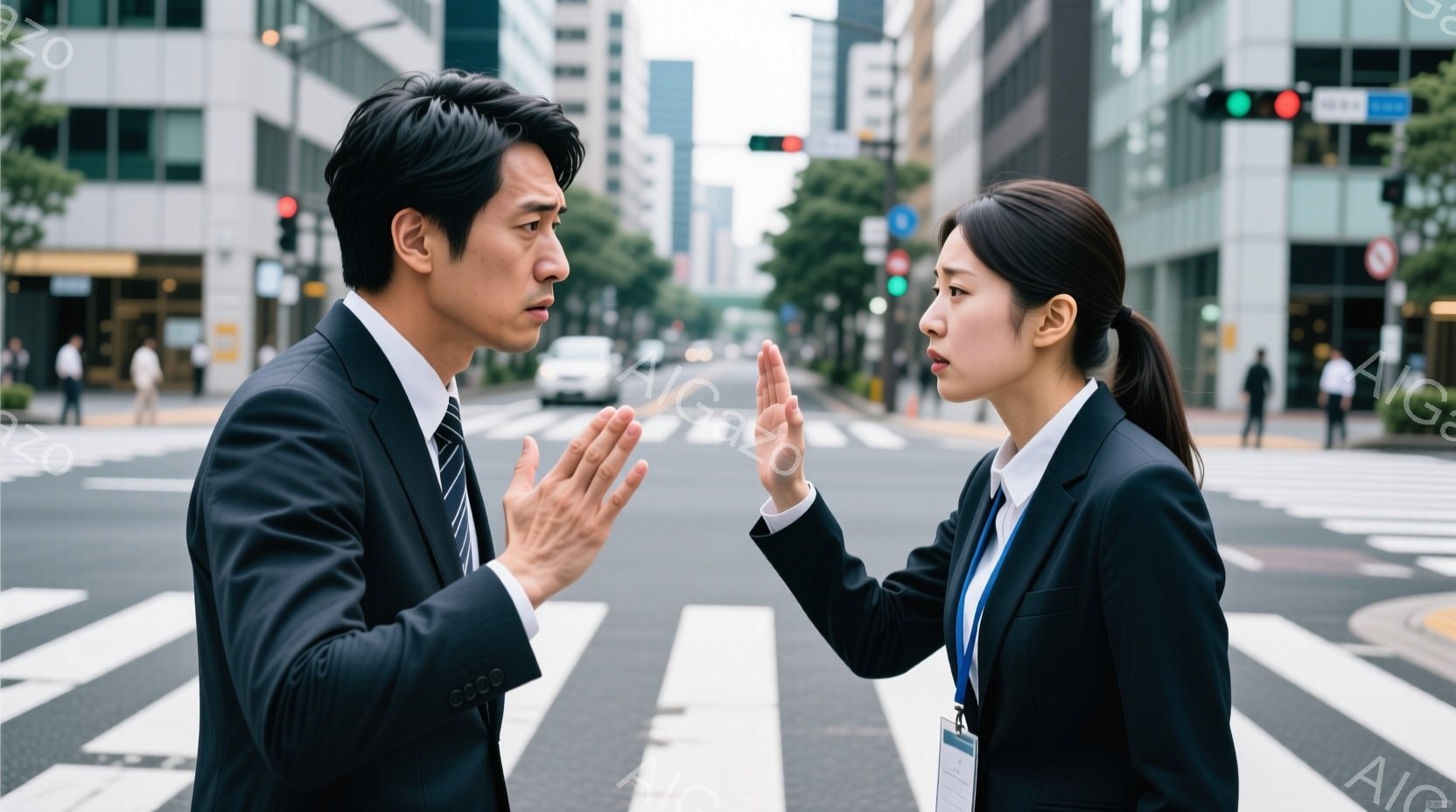 ビジネススーツを着た男性と女性が、横断歩道上で互いに向き合って立っている。男性は両手を広げ、何かを説明しようとしているような表情をしており、女性は手を挙げて制止している様子から、意見の相違があることが - AI生成フリー素材