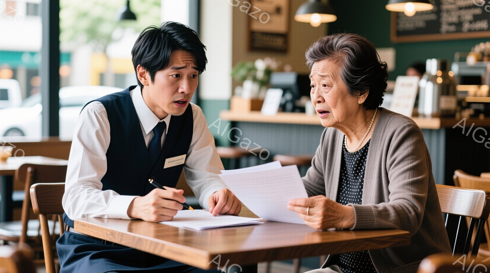 テーブルを挟んで対面している男女がいます。男性は黒いエプロンとネクタイをつけ、何かをメモしているようで、驚いた表情をしています。女性はグレーのカーディガンを着ており、困惑したような表情でメモを指差しています。