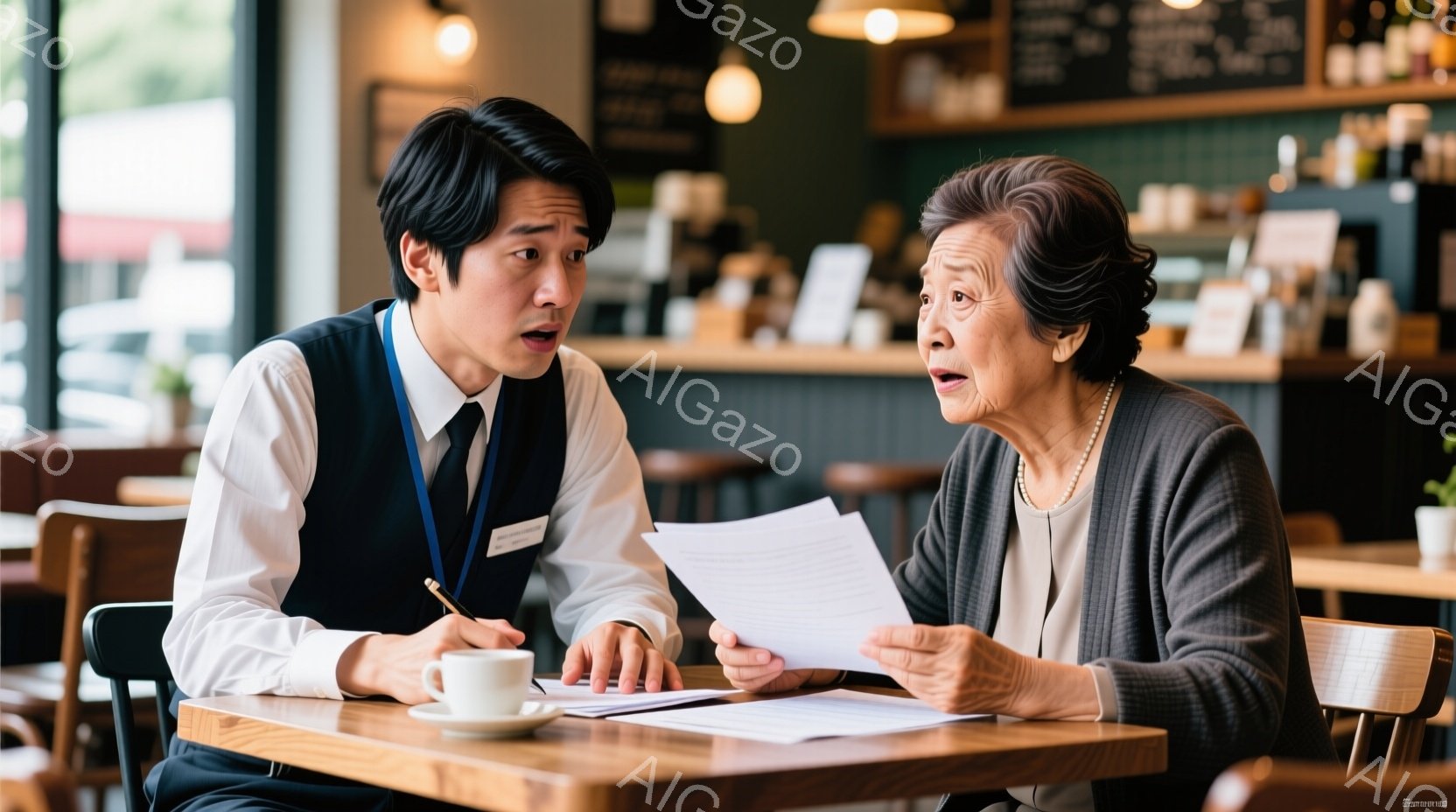 スーツを着た男性と女性が廊下を歩いている。男性は濃い紺色のスーツにネクタイを締め、片手を少し広げて何かを説明しているように見える。女性は黒いスーツにスカートを合わせ、書類またはタブレットを片手に持ち、 - AI生成フリー素材