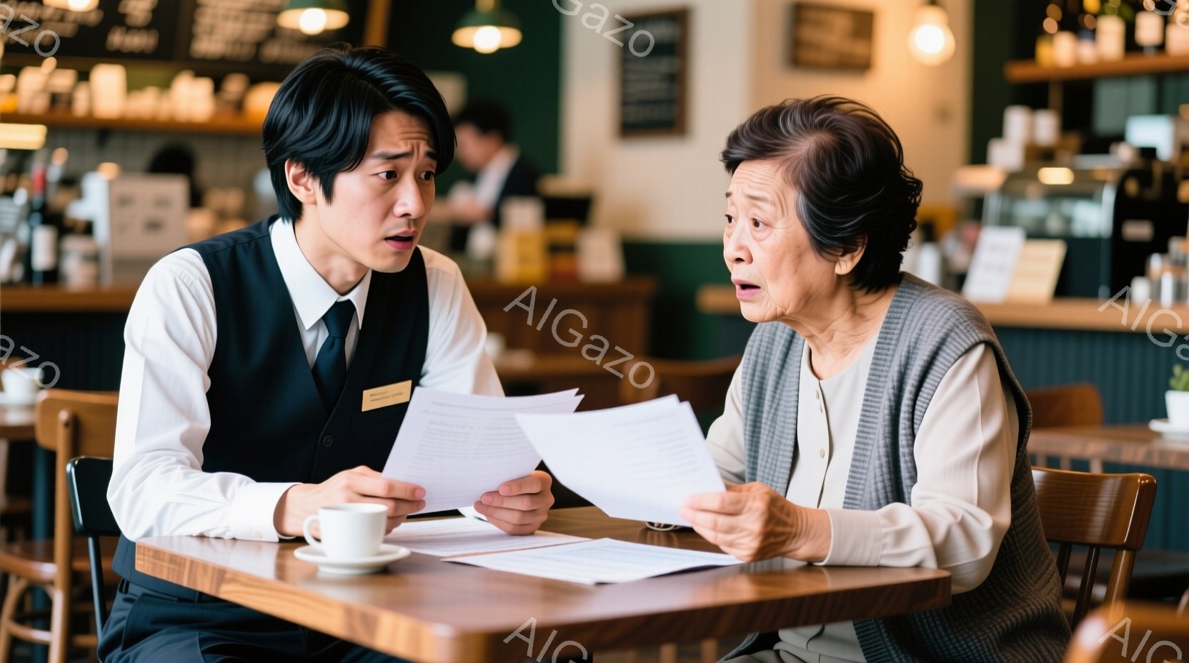 サービス担当の若い男性と高齢の女性がテーブルを挟んで書類を見ている。男性は黒い髪で、ネクタイとベスト姿で、驚いた表情をしている。女性は灰色の髪を短くカットし、セーターベストを着ており、書類を指さして何かを説明している様子で、やや厳しい表情をしている。