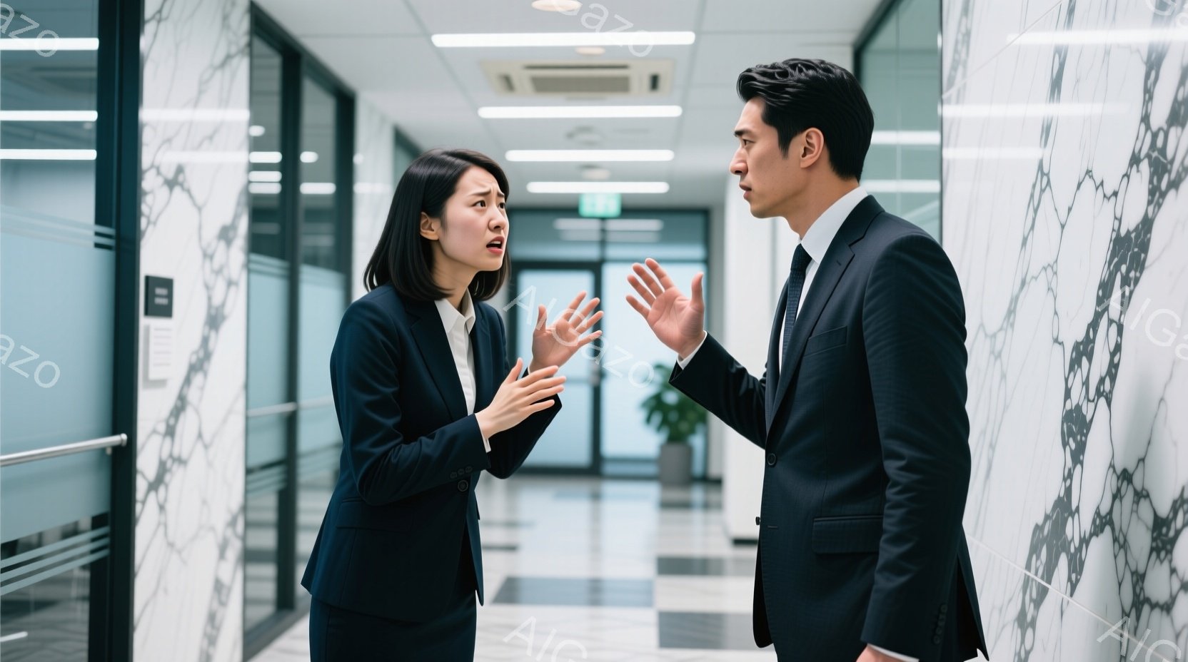廊下で対峙する男女が写っています。女性は紺色のスーツを着用し、髪は後ろでまとめられており、驚いた表情で両手を広げています。男性は黒いスーツを着ており、少し厳しい表情で女性の方を向いており、廊下は白とグレーの大理石調で、近代的なオフィスビルの内部と思われます。