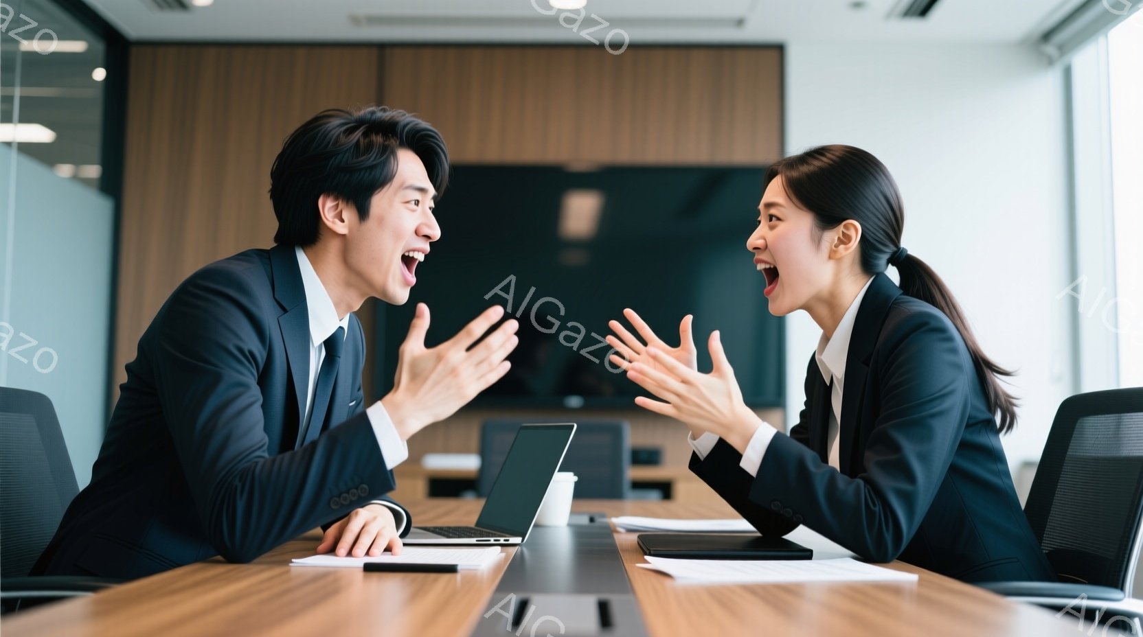 ビジネススーツを着た男性と女性が、会議室のテーブルを挟んで向かい合い、激しく議論している様子が写っている。二人は口を開けて叫び、両手を広げて身振り手振りを交えながら感情的に話している。背景には、白い壁 - AI生成フリー素材