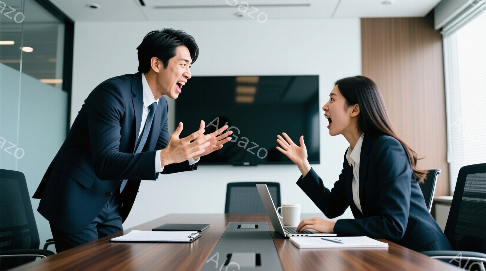 ビジネススーツを着た男性と女性が、会議室のテーブルを挟んで向かい合って激しく言い争っている様子が描かれています。男性は両手を広げ、女性はパソコンに向かって指をさし、共に顔を赤らめ、怒りの表情を浮かべています。背景には白い壁と会議室の設備が見え、緊迫した雰囲気です。