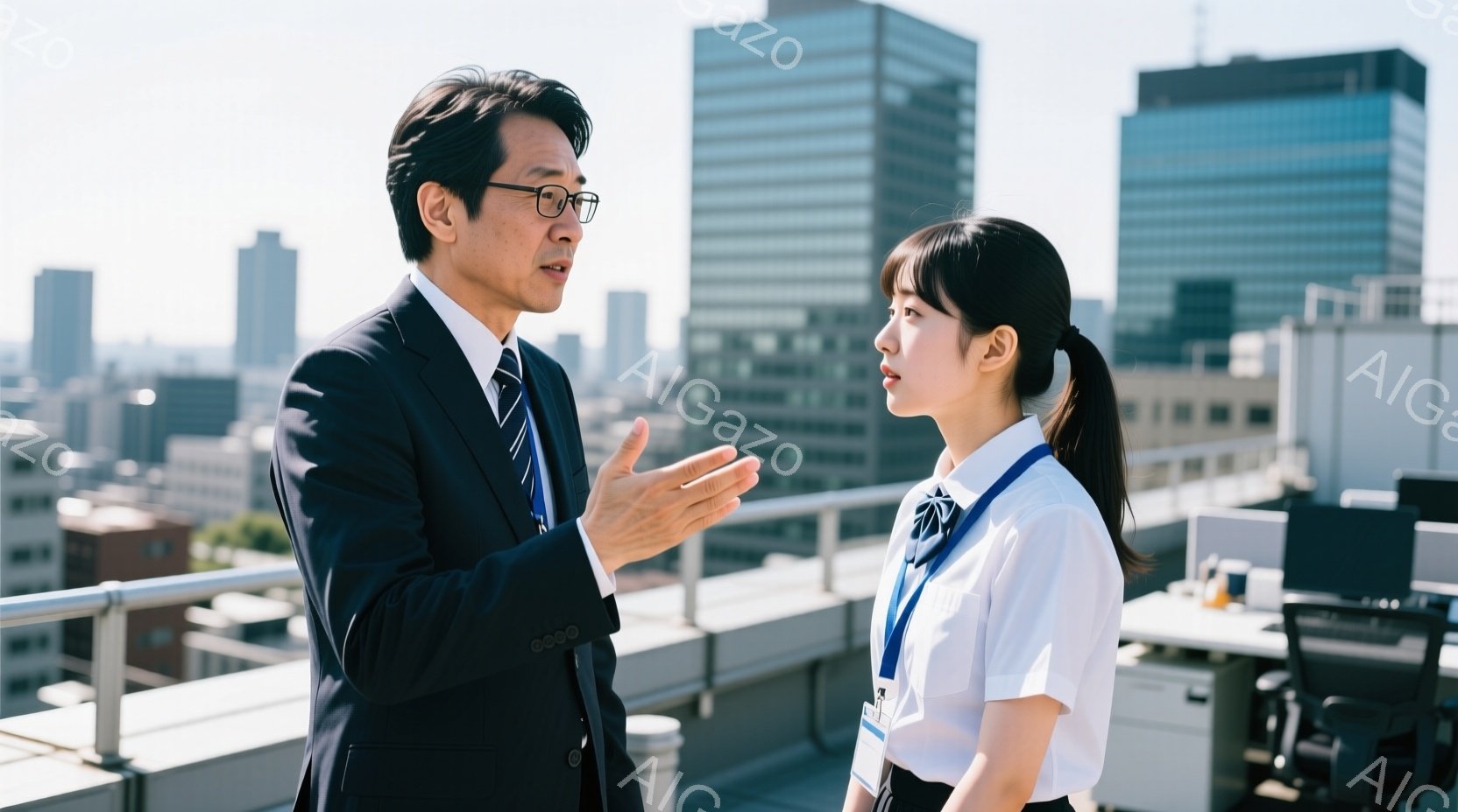 屋上にて、一人の男性と女性が会話をしています。男性は黒いスーツにネクタイ、女性は白いブラウスと紺色のスカートという制服姿で、それぞれIDカードを付けています。背景には高層ビル群が広がり、晴天の下、都会 - AI生成フリー素材