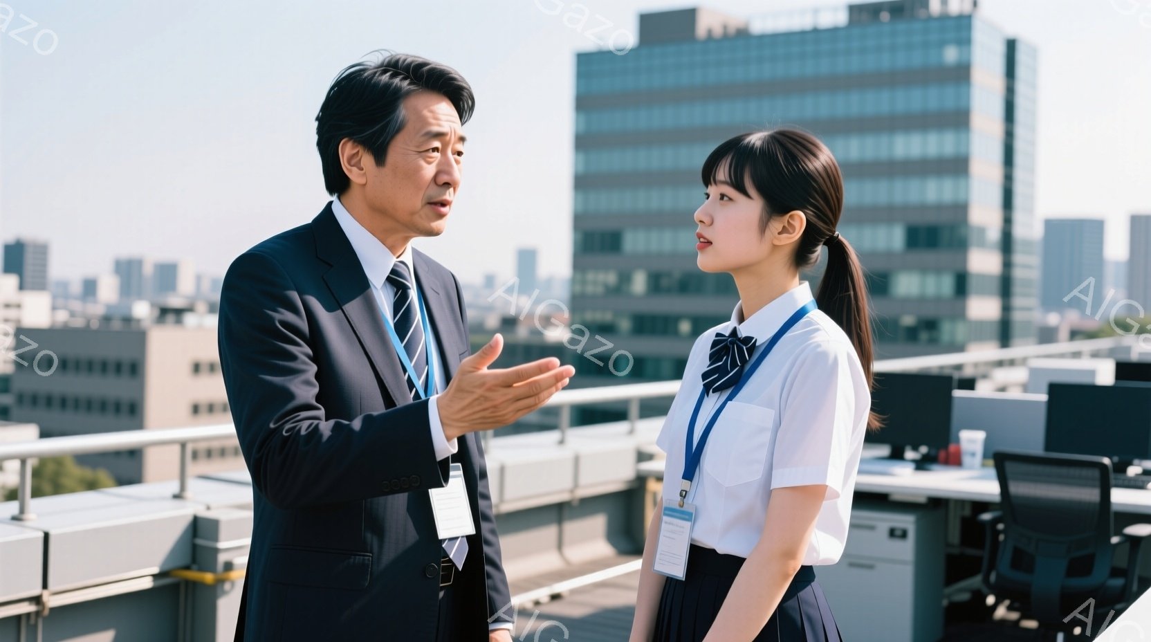 屋上らしき場所で、男性と女性が立っている。男性は黒いスーツを着ており、片手を広げて何かを説明しているようだ。女性は制服を着ており、少し緊張した表情で男性を見上げている。