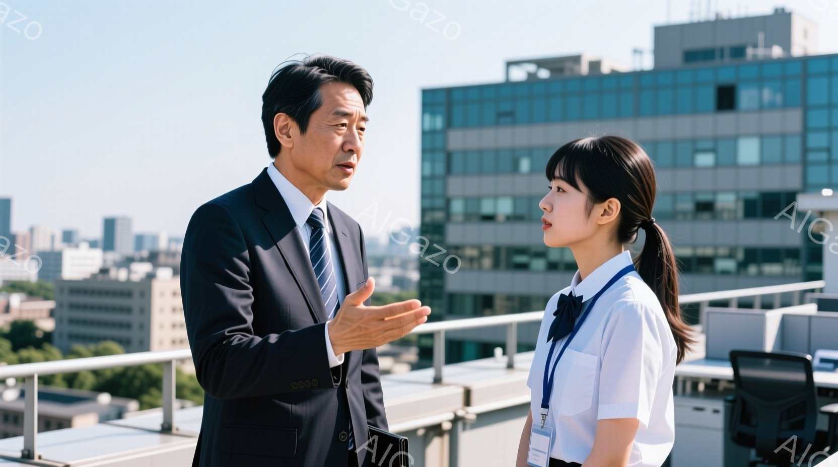 屋上と思われる場所で、一人の男性と女性が会話をしています。男性は黒いスーツにネクタイ、女性は制服のような服装で、それぞれ身につけているIDカードが目立ちます。背景には高層ビル群が広がり、晴天の空の下、 - AI生成フリー素材