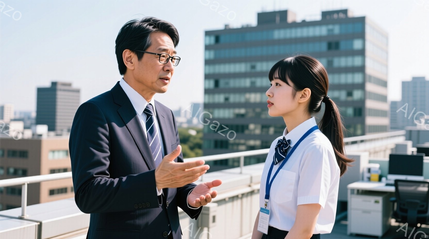 屋上らしき場所に、スーツ姿の男性と制服姿の女性が立っている。男性は少し身を乗り出し、何かを説明するように手を広げて話している様子で、表情は真剣だ。女性は、やや横を向き、真剣な表情で男性の話に耳を傾けている。背景には高層ビル群とわずかな緑が見え、晴天の空が広がっている。