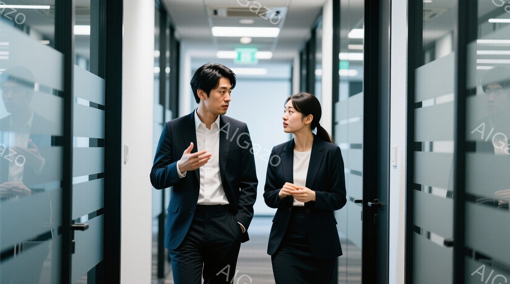 ビジネスウーマンとビジネスマンがオフィス内を歩きながら会話しています。男性は黒いスーツに白いシャツを着ており、ジェスチャーを交えて話しています。女性は同じく黒いスーツに白いインナーを合わせ、少し微笑み - AI生成フリー素材
