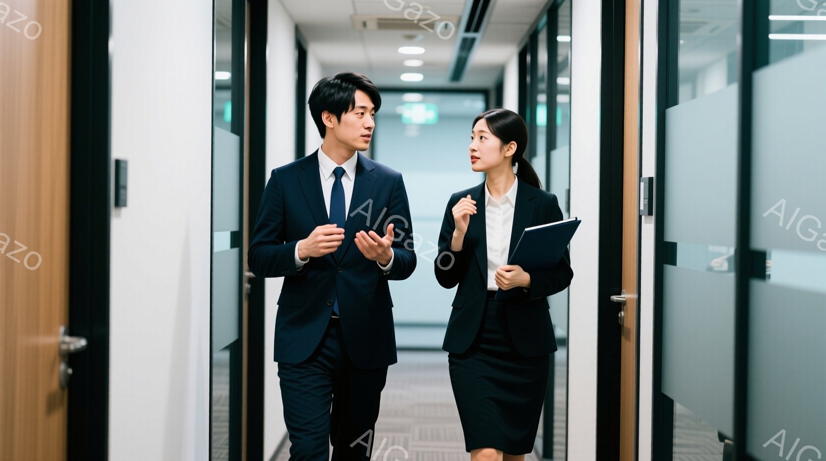 ビジネスマンとビジネスウーマンが廊下を歩いています。男性は紺色のスーツにネクタイを着用し、少し微笑んでいます。女性は黒いスーツとスカートを着用し、書類を抱えながら男性の方を見ています。