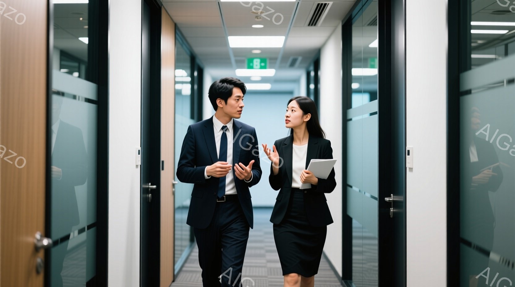 ビジネススーツを着た男女が、オフィス内の廊下を歩きながら会話しています。男性はネクタイを締め、片手を広げて何かを説明しているようなジェスチャーをしています。女性はタブレットを手に持ち、少し上目遣いで男性の言葉に耳を傾けているようです。