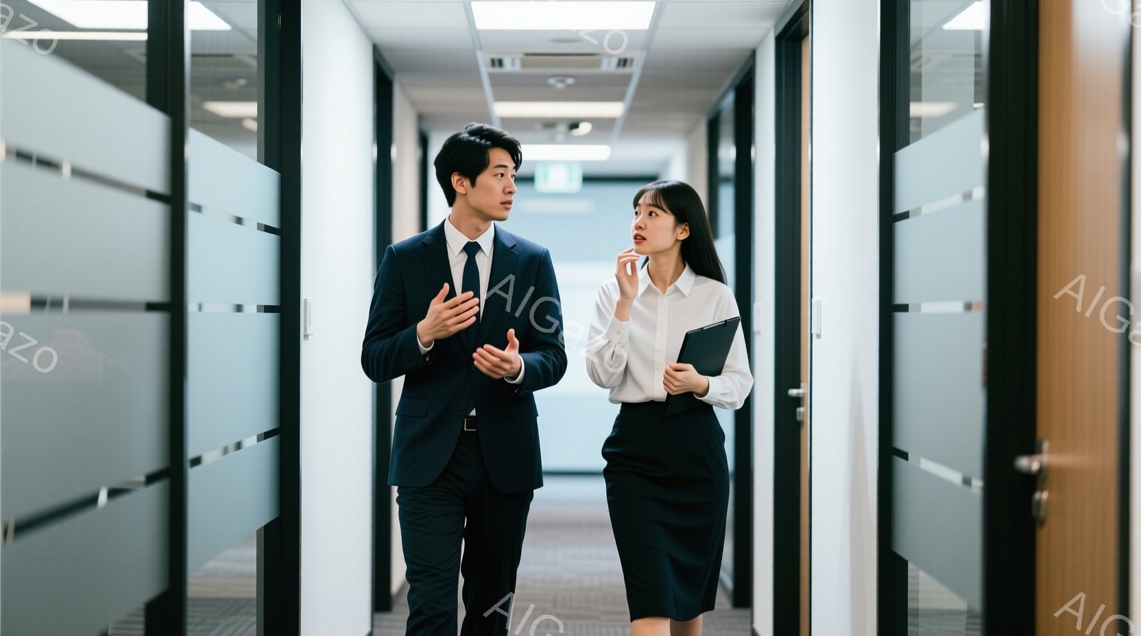 ビジネススーツを着た男性と女性がオフィス内の廊下を歩いている。男性は濃い紺色のスーツにネクタイを締め、片手を胸に当てて何かを説明しているようだ。女性は白いブラウスと紺色のタイトスカートを着用し、片手に - AI生成フリー素材