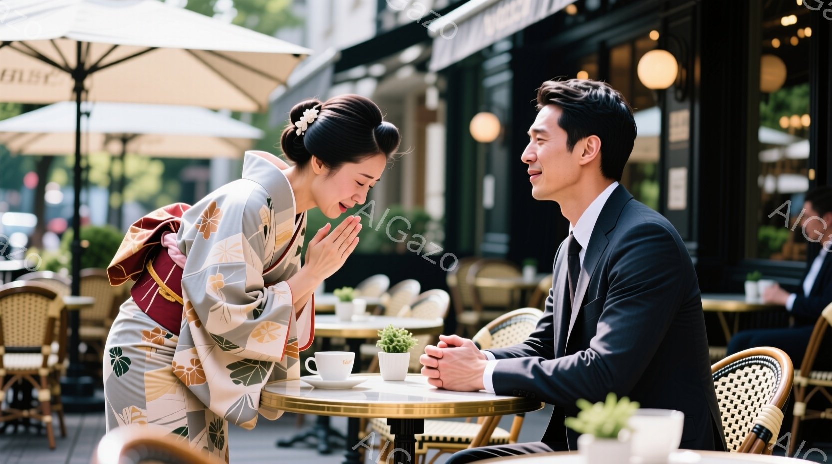 着物を着た女性とスーツ姿の男性がカフェのテーブルを挟んで向き合っている様子が写っています。女性は優しい笑顔で手を組み、男性は穏やかな表情で女性を見つめており、丁寧な挨拶をしているか、あるいは互いを尊重し合っているかのような温かい雰囲気が漂っています。背景には石畳の道、カフェのパラソル、そして緑豊かな木々が見え、晴れた日の穏やかなカフェの情景が広がっています。