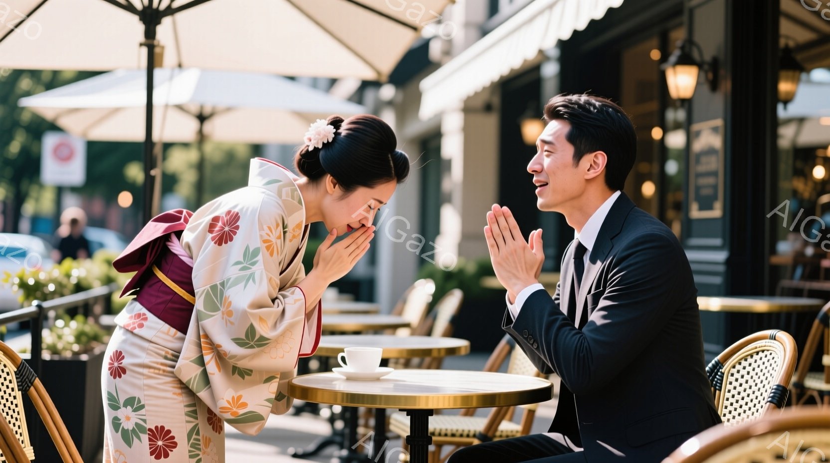 着物を着た女性とスーツを着た男性がカフェのテーブルを挟んで向かい合っている様子が写っています。女性は深々と頭を下げており、男性は両手を合わせて敬意を表しています。背景にはカフェのパラソルやテーブル、そして木々が見え、晴れた日の穏やかな雰囲気が漂っています。