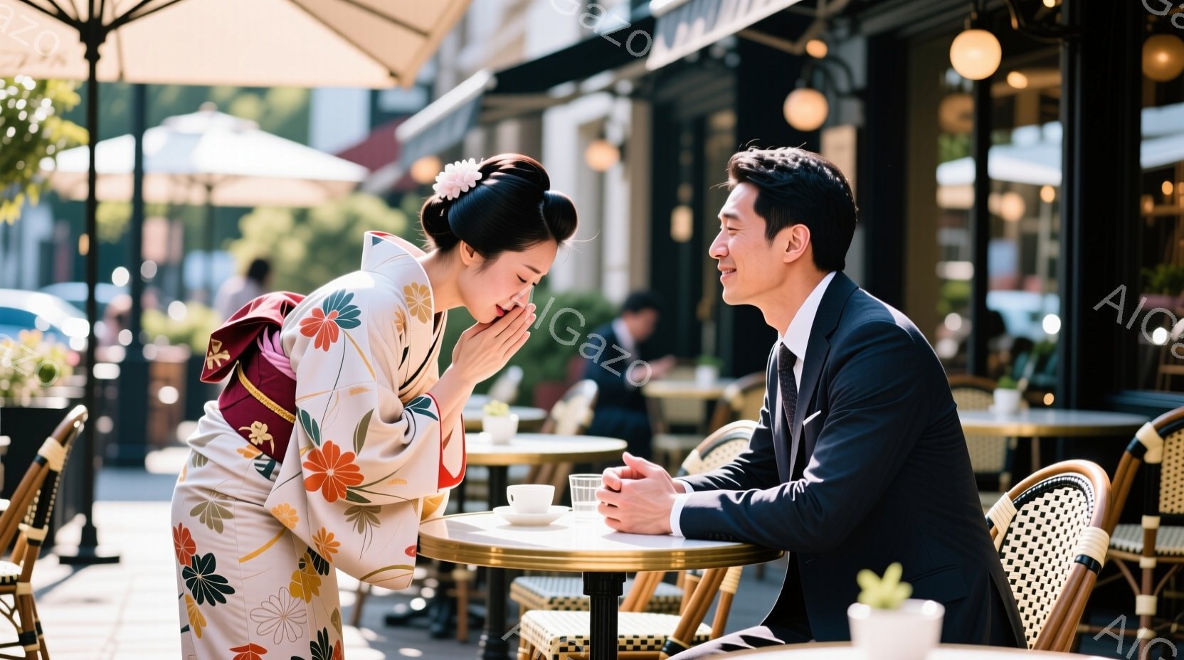女性は華やかな花柄の着物を身につけ、頭には白い髪飾りをつけて、恭しく頭を下げています。男性は黒いスーツを着てテーブルに座り、女性の頭を下げる方向に優しく微笑みながら手を組んでいます。背景にはカフェのテラス席が並び、緑の植物が点在し、晴れた日の穏やかな雰囲気です。