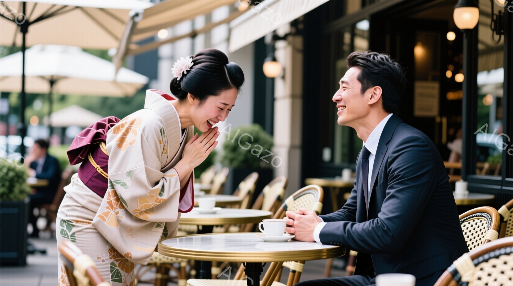 鮮やかなクリーム色の着物を着た女性が、嬉しそうに両手で口元を覆って笑っています。対面には、濃い紺色のスーツを着た男性が笑顔で彼女を見つめており、二人はカフェの丸いテーブルを挟んで向かい合っています。背景には石造りの建物、緑の植物、そして晴れた日のカフェのテラス席が見え、温かく親密な雰囲気が漂っています。