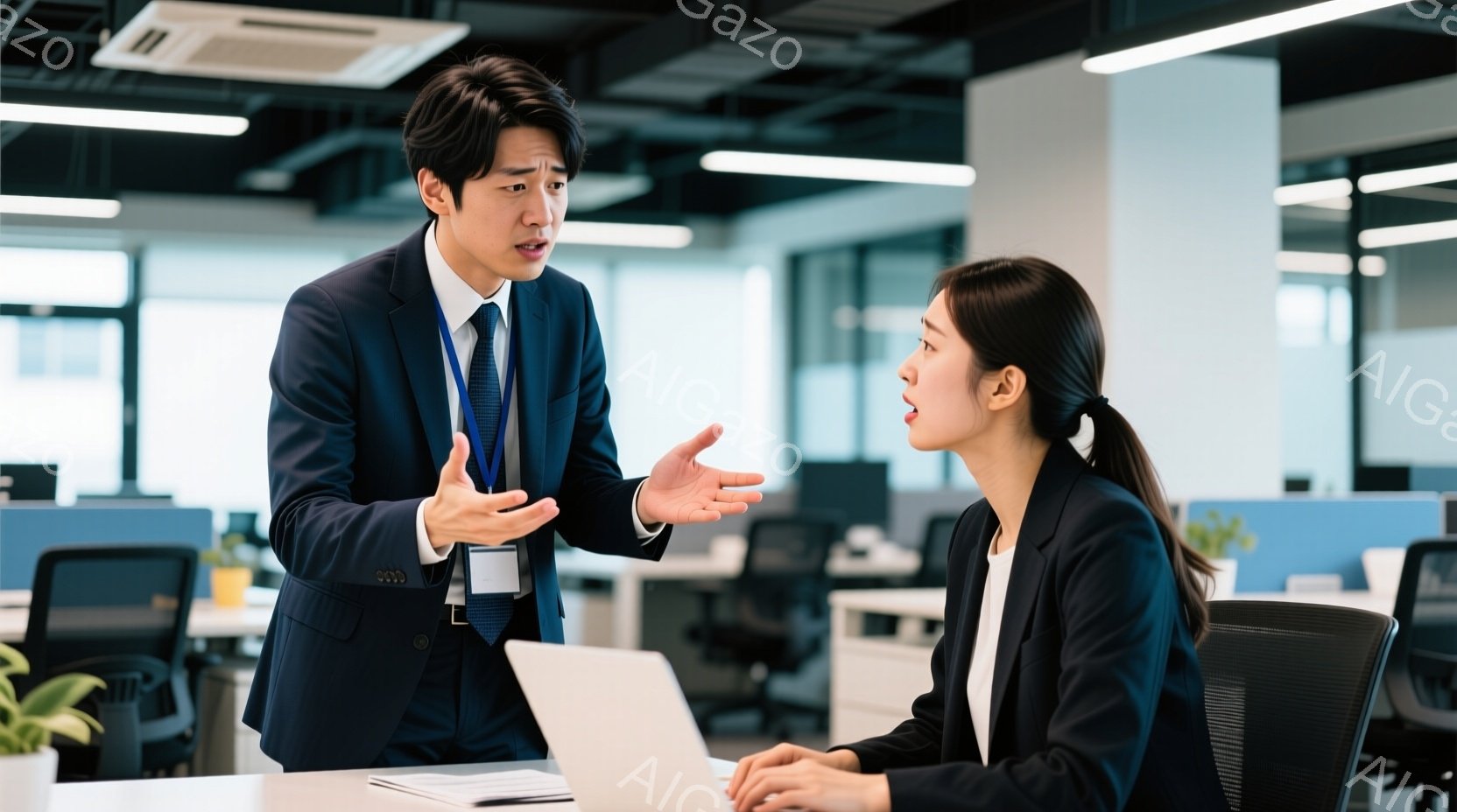 スーツを着た男性が、女性に対して何かを説明している様子で、両手を広げてジェスチャーを交えながら熱心に話しています。女性は黒いジャケットを着用し、膝を組んで男性の話を真剣に聞いています。背景にはオフィス - AI生成フリー素材