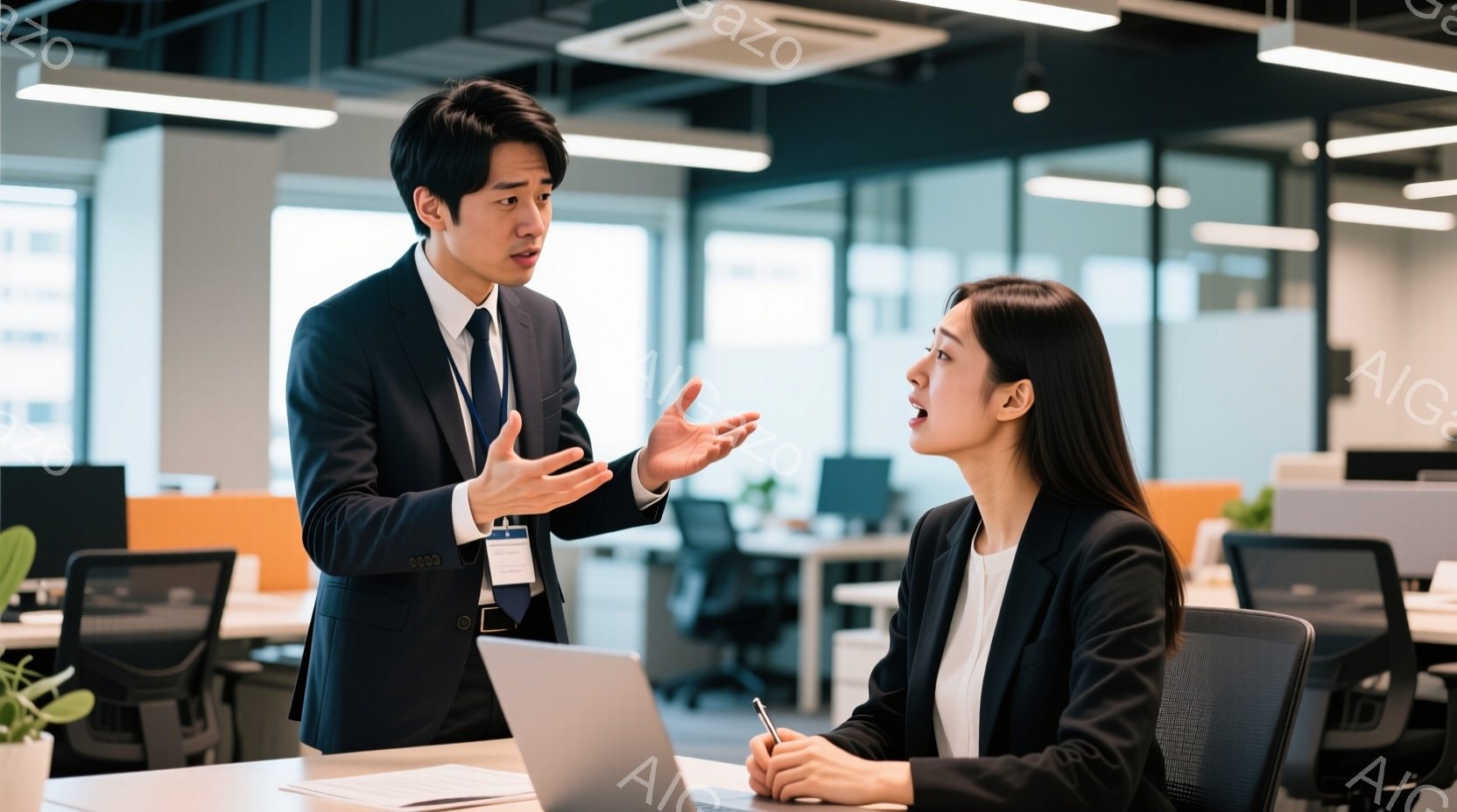オフィスで対話する男女が写っている。男性は黒いスーツにネクタイ姿で、両手を広げて何かを説明しているようだ。女性は黒いジャケットを着ており、少し驚いた表情で男性を見つめ、ペンを手にしている。 - AI生成フリー素材