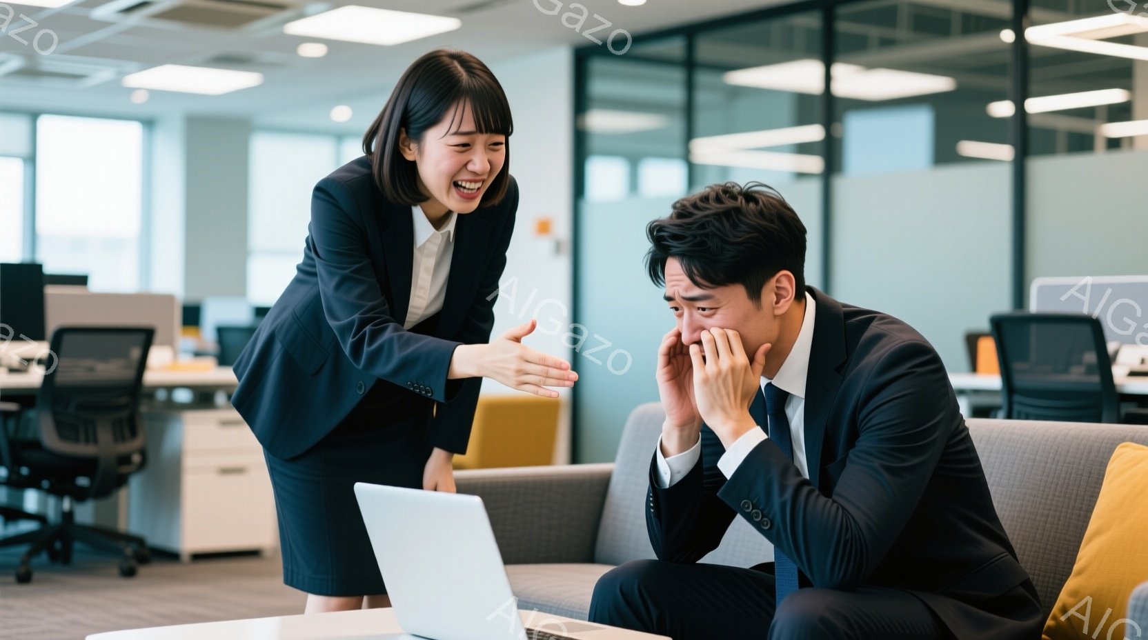 オフィスで働く若いビジネスマンと女性が写っています。女性は黒いスーツを着て髪を後ろにまとめ、顔をしかめて笑っており、男性は灰色のソファに座り、顔を両手で覆って困惑した表情をしています。背景には他のオフィスワーカーや、明るい光が差し込む近代的なオフィス空間が見え、緊迫感とユーモアが混ざった雰囲気です。