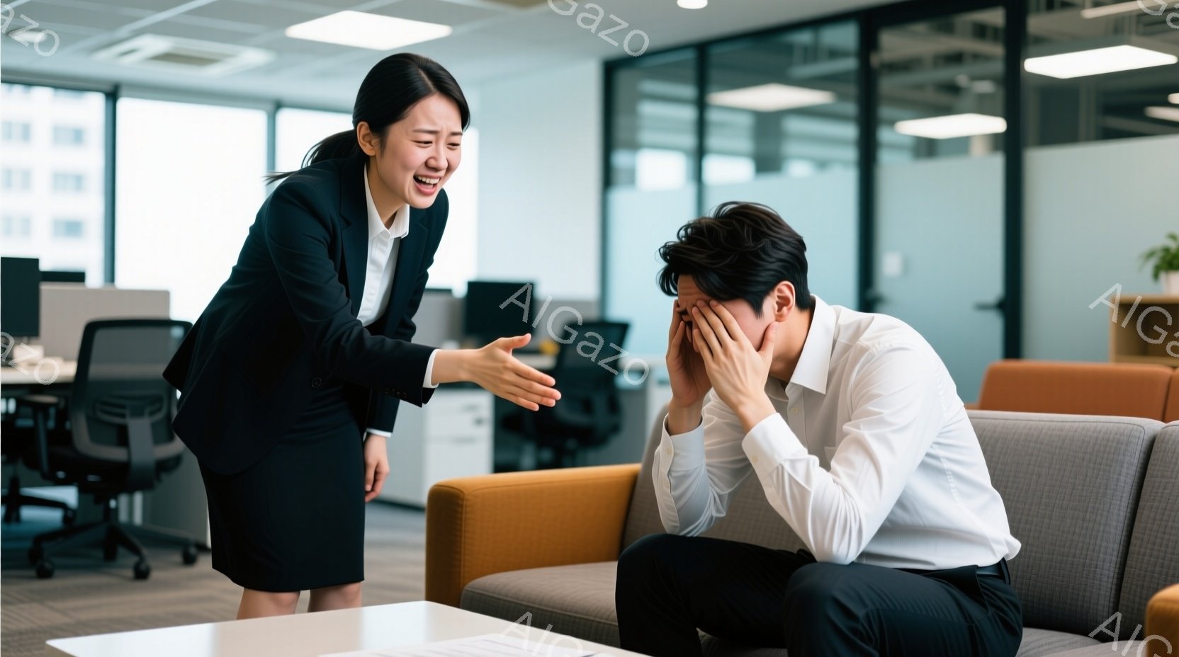 黒いスーツの女性が、困った顔をした男性に向かって手を伸ばし、何かを訴えかけているように見える。男性はソファに座り、顔を両手で覆ってうなだれている様子から、非常に落ち込んでいるか、あるいは疲れている様子が伺える。背景にはオフィスが広がり、モダンな家具や白い壁が確認でき、全体的に落ち着いた雰囲気だが、男性の表情と女性の動作が緊張感を漂わせている。