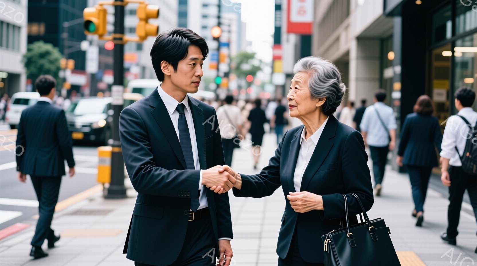 ビジネススーツを着た若い男性と年配の女性が握手をしています。男性は黒いスーツにネクタイ、女性は白いブラウスに黒いジャケットとスカートを着用し、それぞれにハンドバッグを持っています。背景には高層ビルが立 - AI生成フリー素材