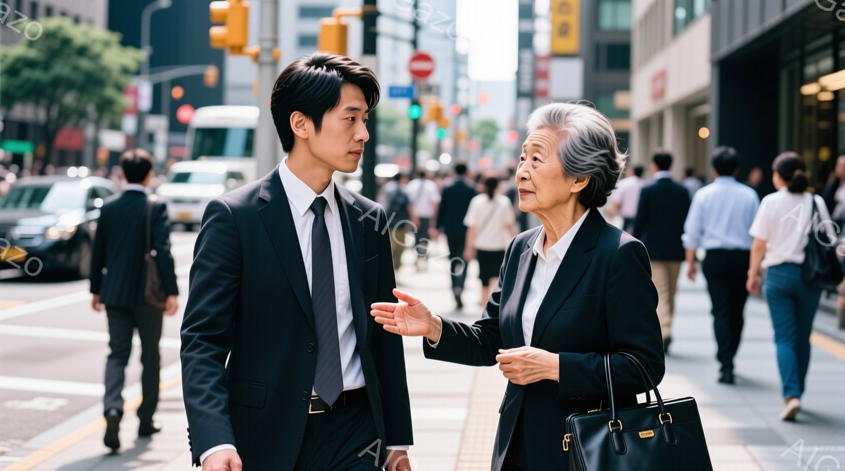 スーツを着た若い男性と、同じくスーツを着た白髪の女性が歩道で向かい合って話しています。男性はやや緊張した表情で女性を見つめ、女性は身振り手振りを交えて何かを説明しているようです。背景には高層ビルが立ち - AI生成フリー素材