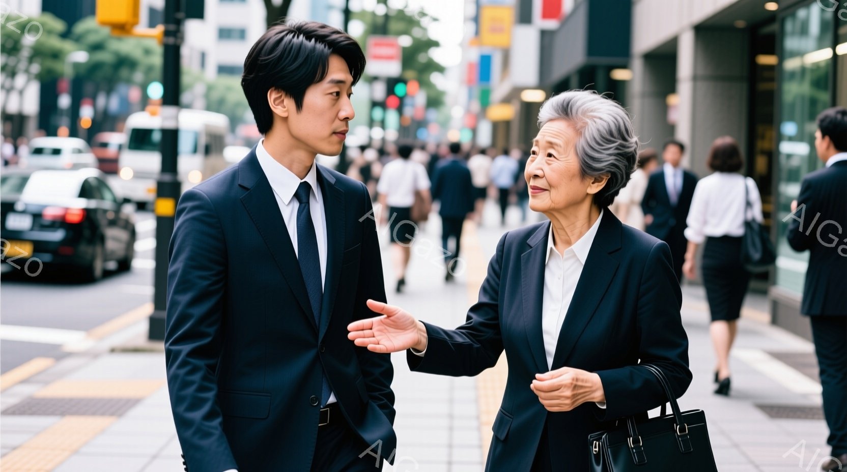 スーツを着た若い男性と、同じくスーツを着た年配の女性が歩道で会話をしています。男性は少し身を乗り出し、女性は手を広げて何かを説明しているような仕草をしています。背景には建物や車が見え、晴天の下、ビジネ - AI生成フリー素材