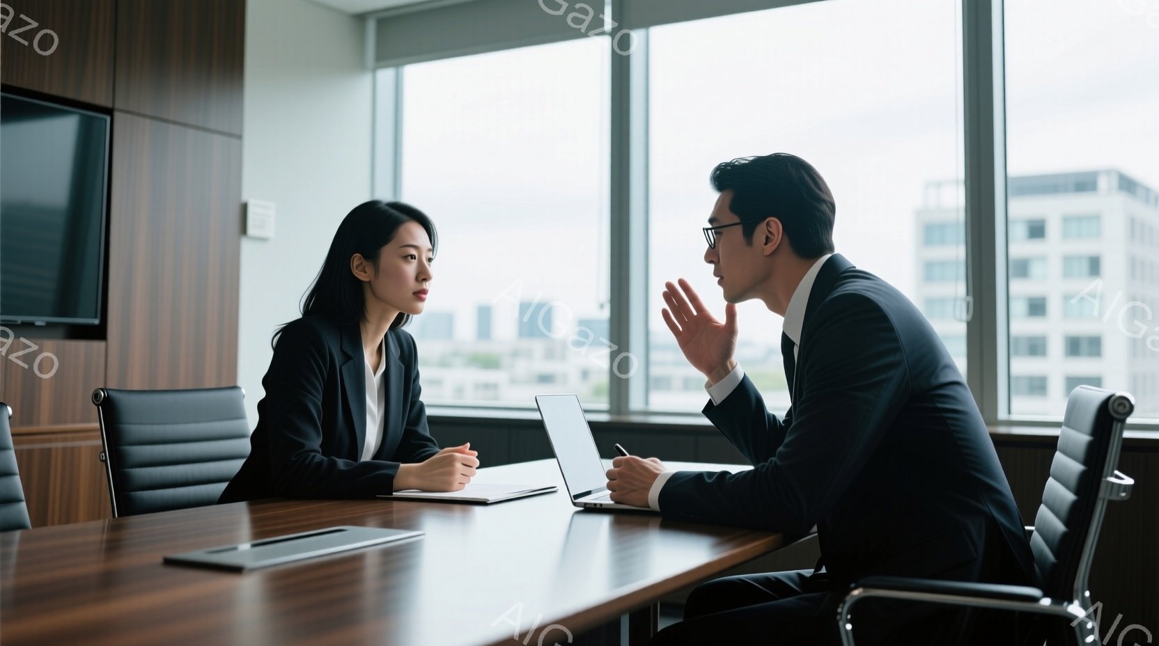 ビジネススーツを着た女性と男性が会議室で向き合って座っています。女性は落ち着いた表情で手を組み、男性は身振り手振りを交えながら何かを説明しているようです。背景には高層ビルが見え、曇天のため全体的に落ち - AI生成フリー素材