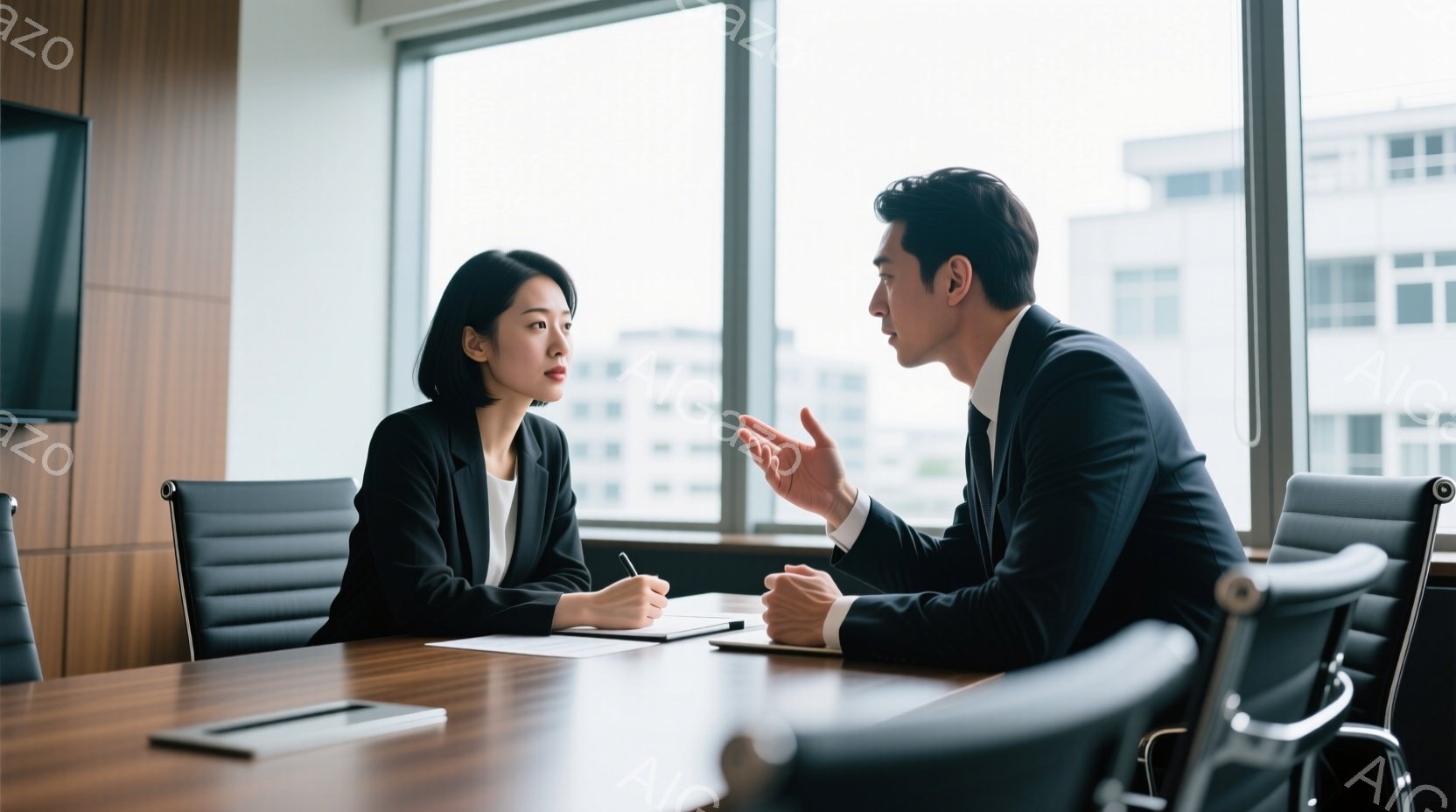 ビジネスウーマンとビジネスマンが会議室で向かい合って座っており、ビジネスマンは何かを説明している様子で身振り手振りを交えている。女性は黒いスーツを着ており、冷静な表情でペンとメモ帳を見つめている。背景には高層ビルが見える大きな窓があり、全体的に洗練された雰囲気で、真剣なビジネスシーンを捉えている。