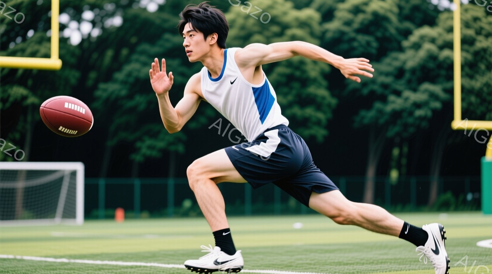 競技場のような緑のフィールドで、黒髪の若い男性がアメリカンフットボールを持って走っている。彼は白いタンクトップに黒いショートパンツ、黒いソックスとスパイクシューズを着用しており、集中した表情で前を見据えている。背景には緑のフェンスと、ぼやけた木々が見え、晴天の下で活気のあるスポーツの瞬間が捉えられている。