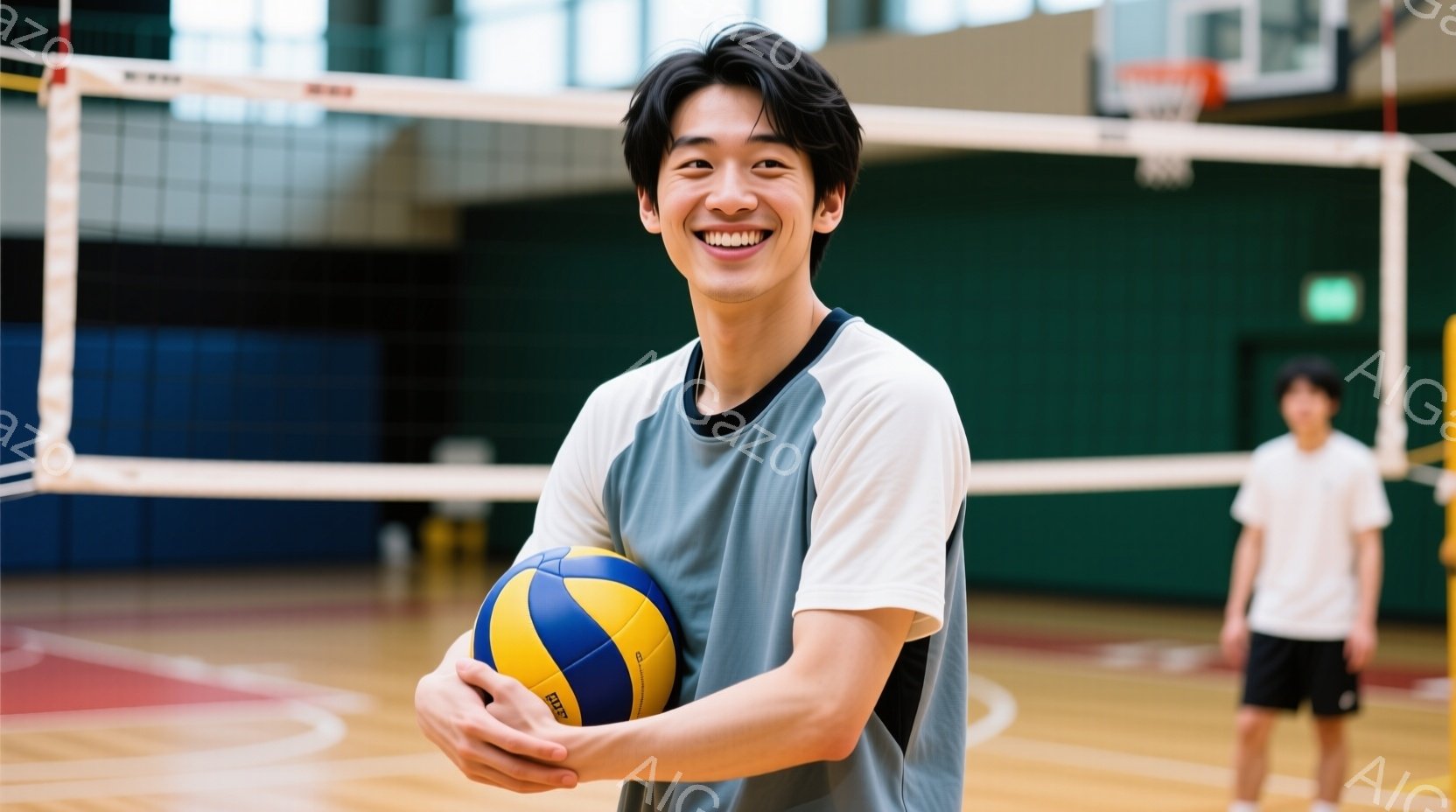 バレーボールを持っている若い男性が写っています。彼は短い黒髪で、白いTシャツに水色のシャツを着て、満面の笑みを浮かべています。背景は体育館で、木製の床とネット、そしてぼやけたもう一人の人物が見えます。