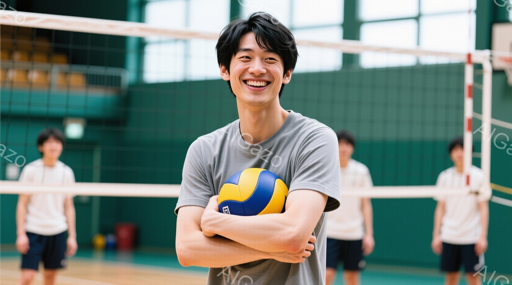 若い男性が体育館で腕組みをして、満面の笑みを浮かべている。彼はグレーのTシャツと紺色の短パンを着ており、髪は短く整えられている。背景には他の男性たちがぼんやりと見え、体育館のネットと床が見える。