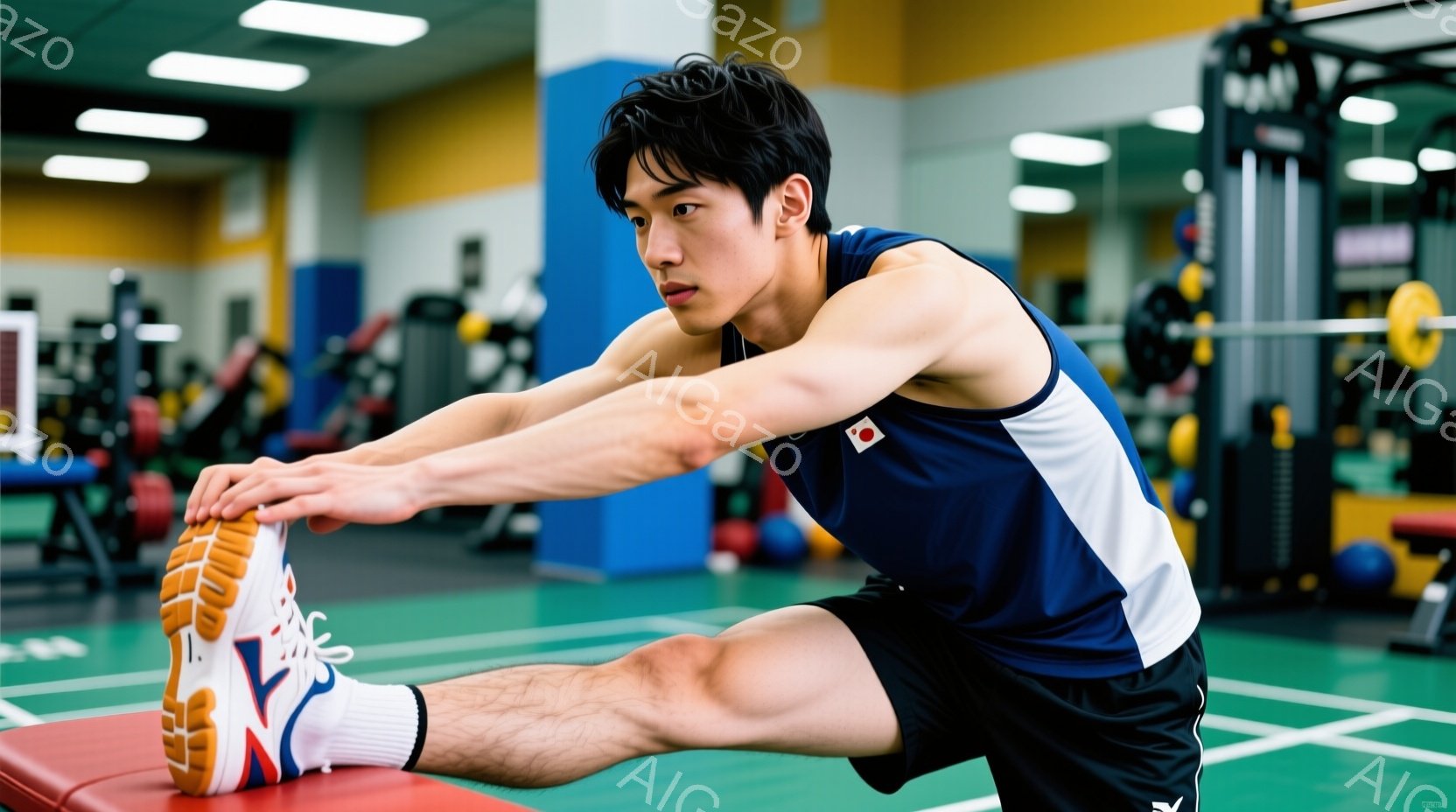 筋力トレーニングジムで、紺と白のタンクトップと黒のショーツを着た男性がストレッチをしている。彼は片足を前に伸ばし、もう片方の足は後ろに曲げ、床に座っている。ジム内には様々なトレーニング器具が並び、床は - AI生成フリー素材