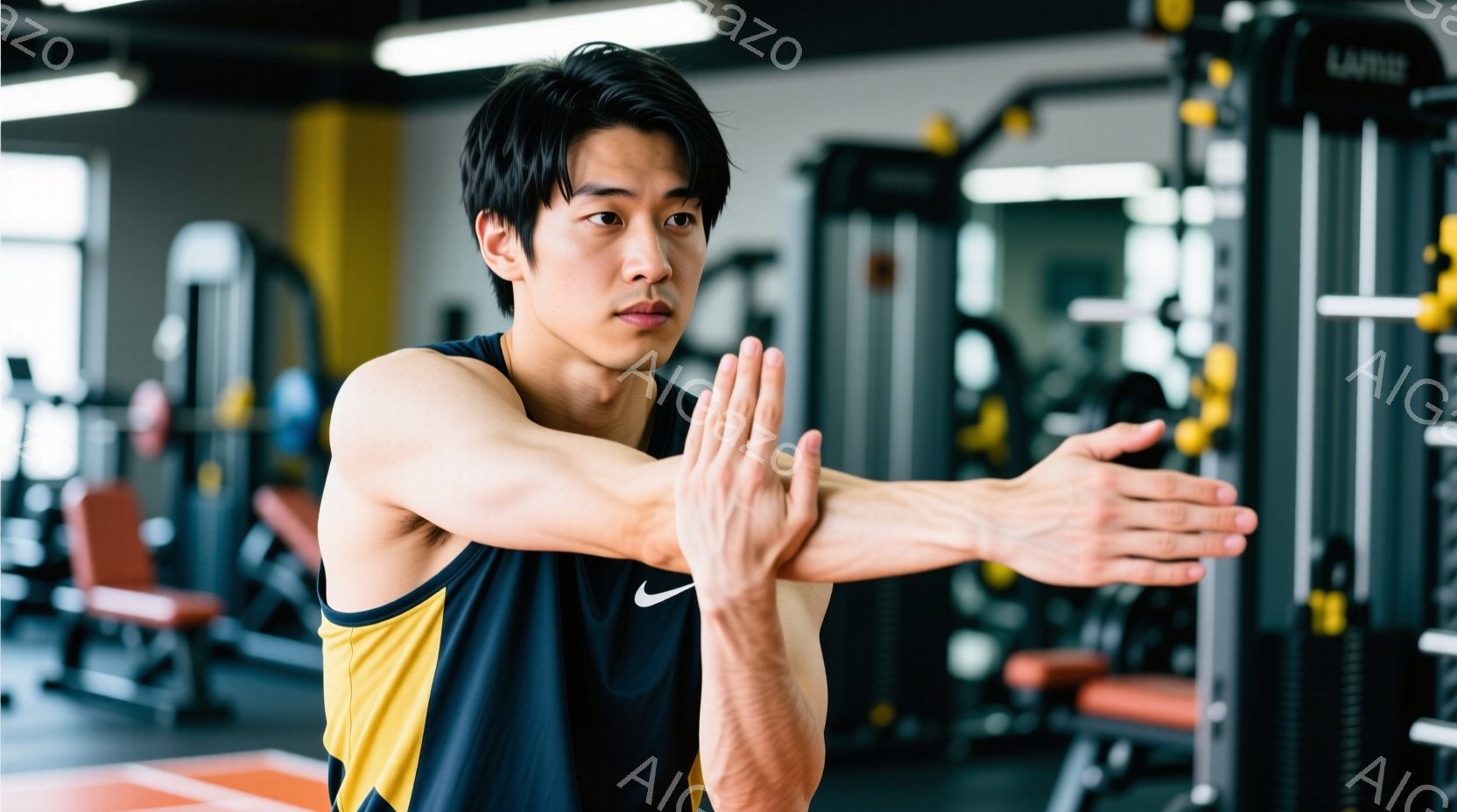 黒いタンクトップと短パンを着た男性が、ジムでストレッチをしている。彼は両腕を前に伸ばし、手と手を合わせている様子で、集中した表情をしている。ジム内にはトレーニングマシンが並び、オレンジ色の椅子も見える - AI生成フリー素材