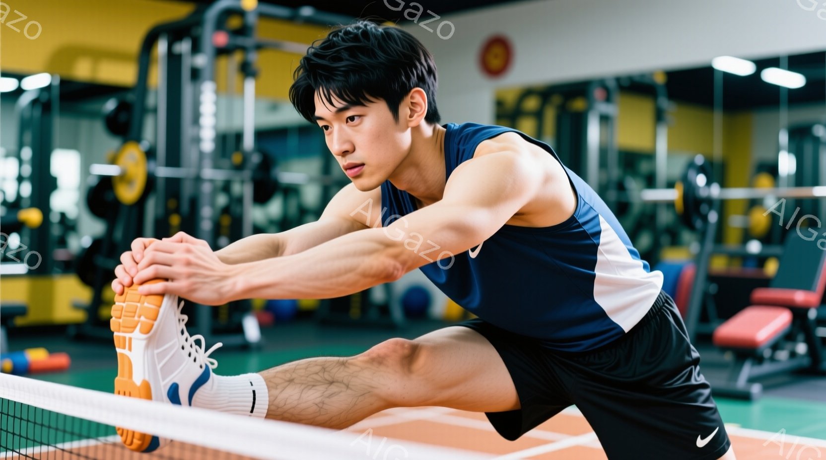 筋トレジムでストレッチをしている男性が写っている。彼は紺色と白のタンクトップと黒のショートパンツを着用し、左足を前に伸ばして体を伸ばしている。背景には様々なトレーニング機器や赤い椅子が見え、集中してト - AI生成フリー素材