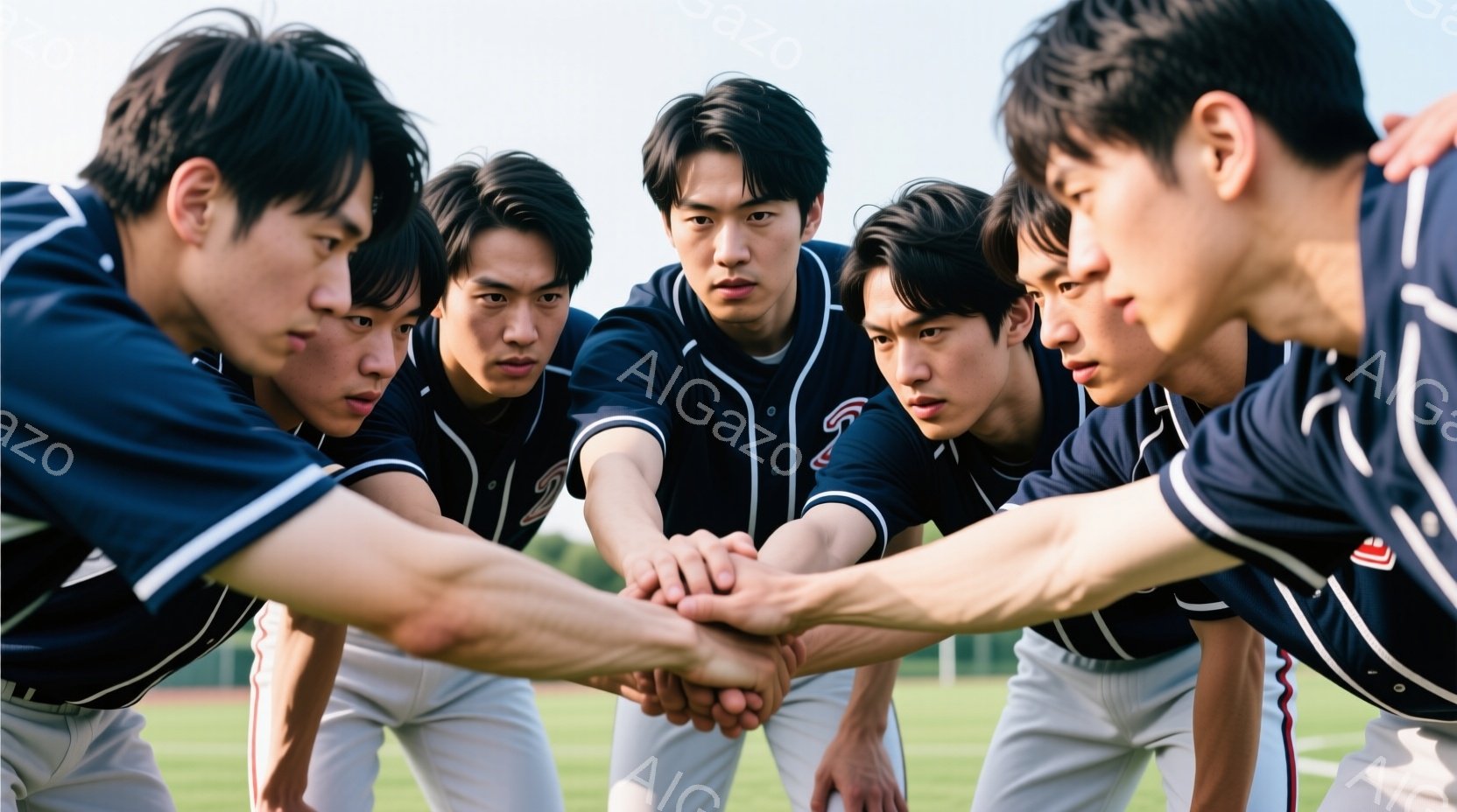 野球チームのメンバー５人が、円陣を組み、手をつないでいる様子が写っている。彼らは紺色の野球ユニフォームと白いズボンを着用し、黒髪の短いヘアスタイルで、集中した表情をしている。背景には緑の芝生とぼやけた景色が見え、晴れた日の試合前の熱気を感じさせる。