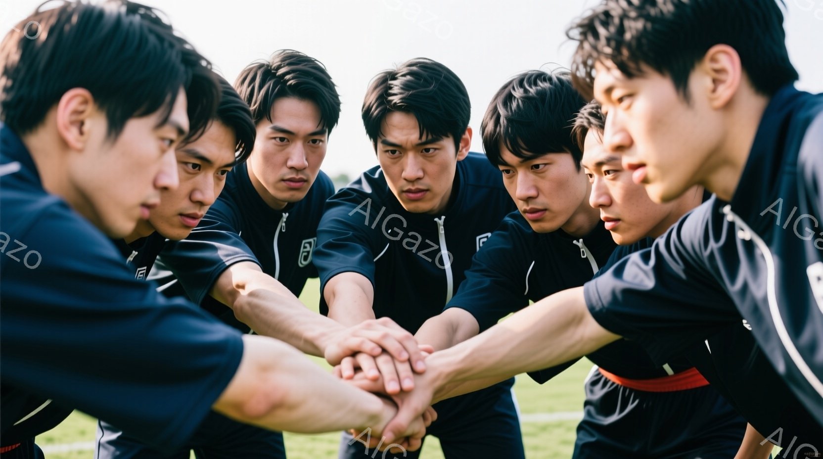 5人の男性が円になって手を重ね、チームの一体感を表現している。彼らは皆、黒の長袖スポーツウェアを着ており、短く刈り込んだ黒髪で、真剣で決意に満ちた表情をしている。背景は緑の芝生であり、晴れた空の下、スポーツイベントやチームの結束力を象徴するような、活気のある雰囲気である。