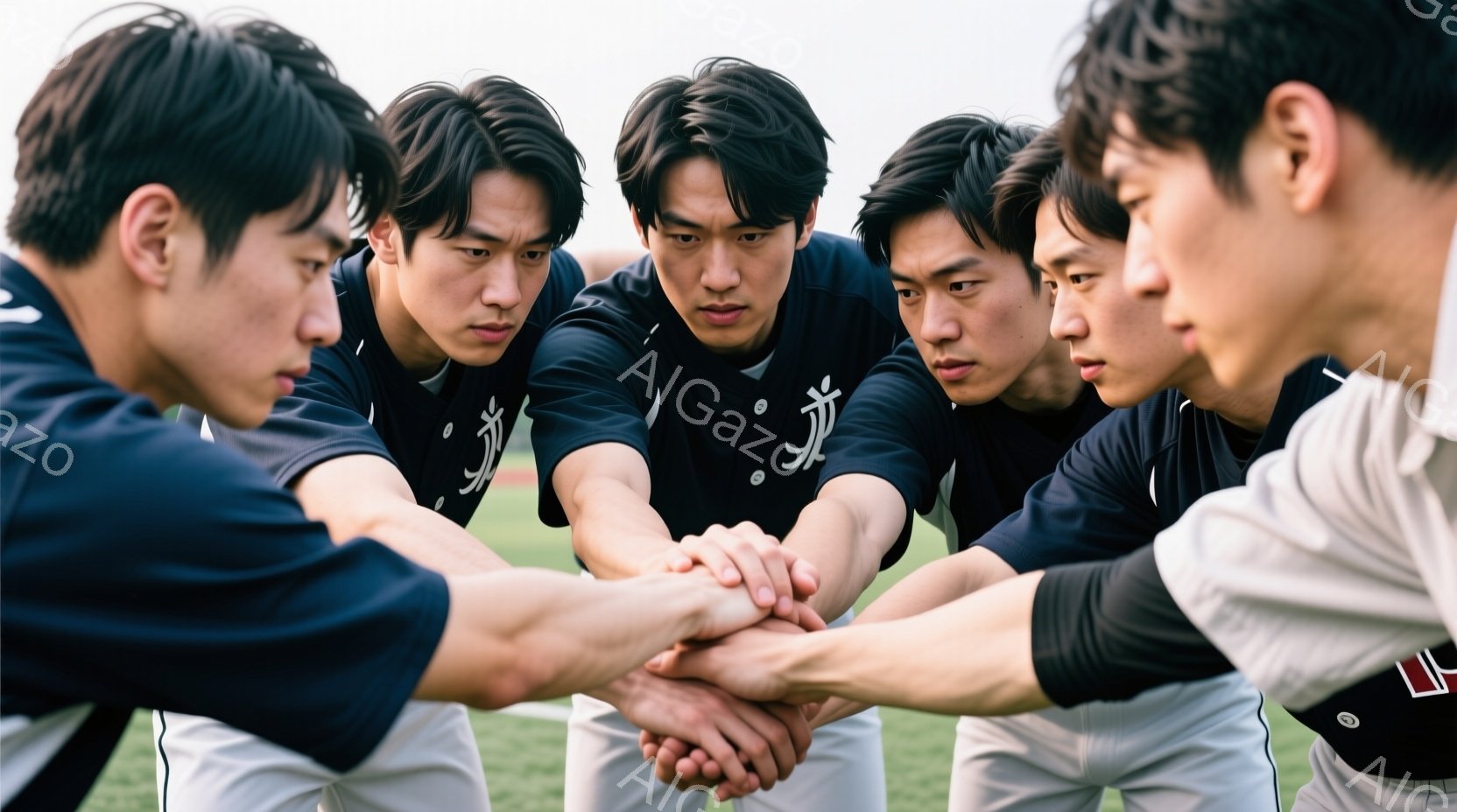 紺色のユニフォームを着た5人の若い男性たちが、円陣を組み、互いの腕を重ね合っています。彼らは皆、短髪で、真剣な表情で前を見据えており、スポーツ選手、特に野球部員であると思われます。背景は緑色の芝生であり、晴天で、チームの団結力と勝利への決意が感じられる力強い雰囲気です。