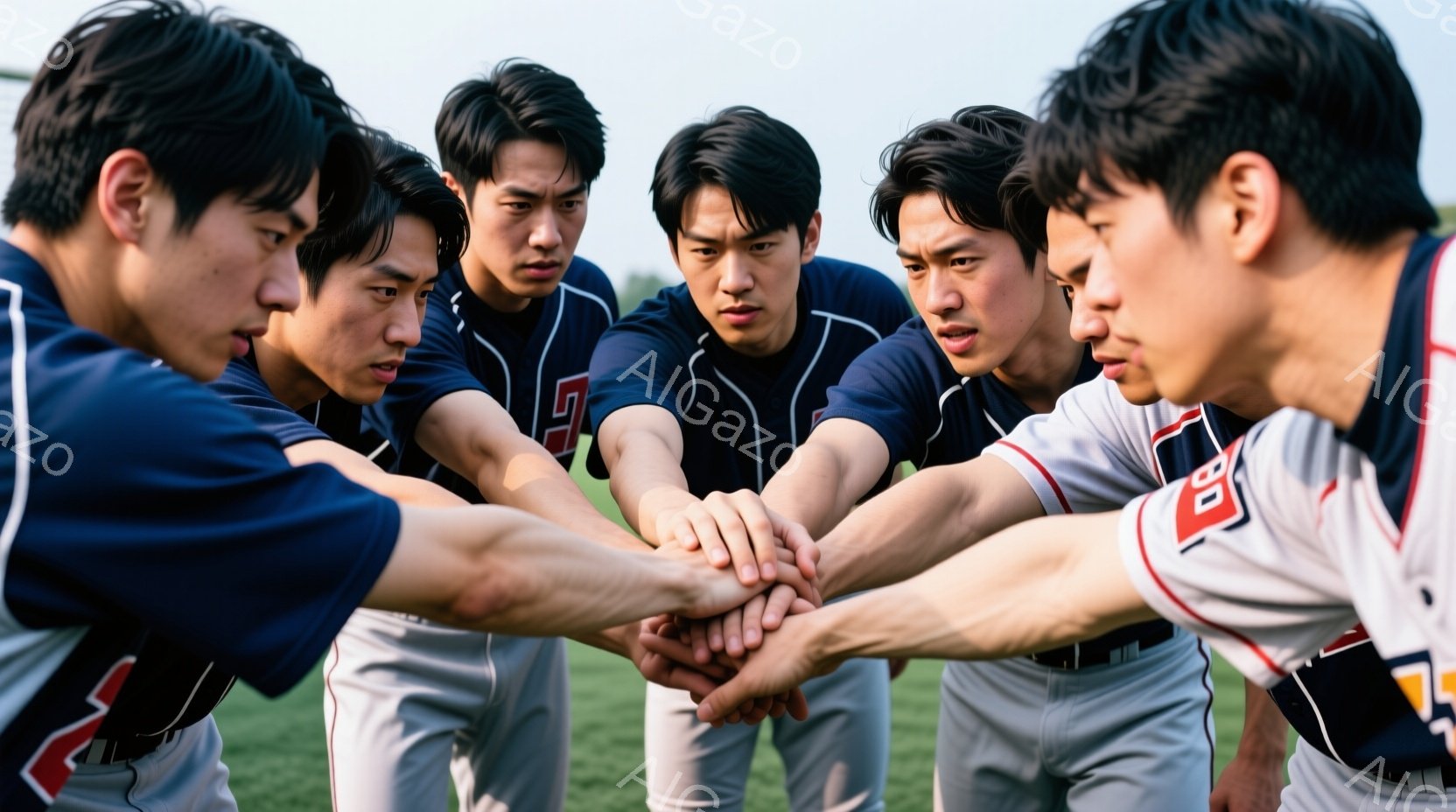 少年野球チームの選手たちが円陣を組み、互いの手を重ねています。彼らは皆、白の野球ユニフォームに濃い青の袖とラインが入っており、黒髪で短髪です。背景は緑の芝生とぼやけた木々で、晴れた日の穏やかな雰囲気です。