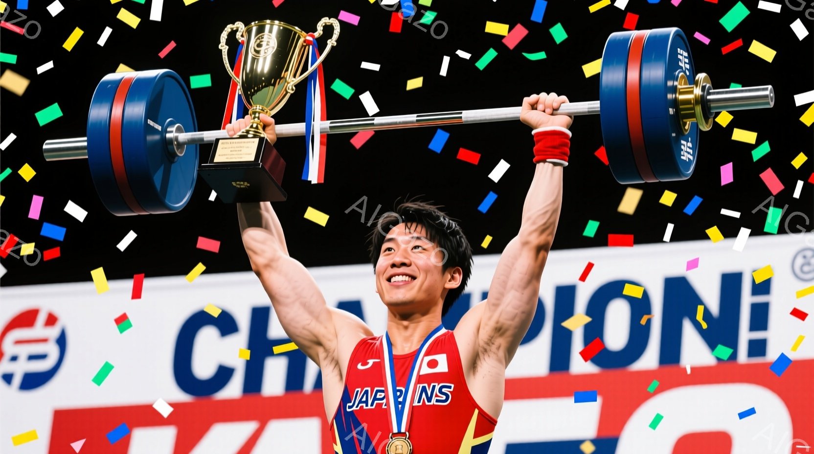 ウェイトリフティングの競技者が、バーベルを高く掲げ、勝利を喜んでいる様子を捉えています。競技者は赤いユニフォームに日本のマークが入っており、短髪で笑顔を見せています。背景には「CHAMPION」と書かれたバナーと、カラフルな紙吹雪が舞い、祝賀的な雰囲気が漂っています。