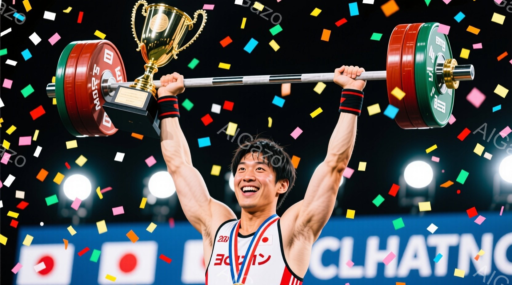 男選手は、バーベルを高く掲げ、満面の笑みを浮かべています。赤いトリムの白いユニフォームと黒いリストバンドを着用し、短髪で引き締まった体格をしています。背景には、競技会場の照明と観客席が見え、紙吹雪が舞い、勝利の興奮を盛り上げています。